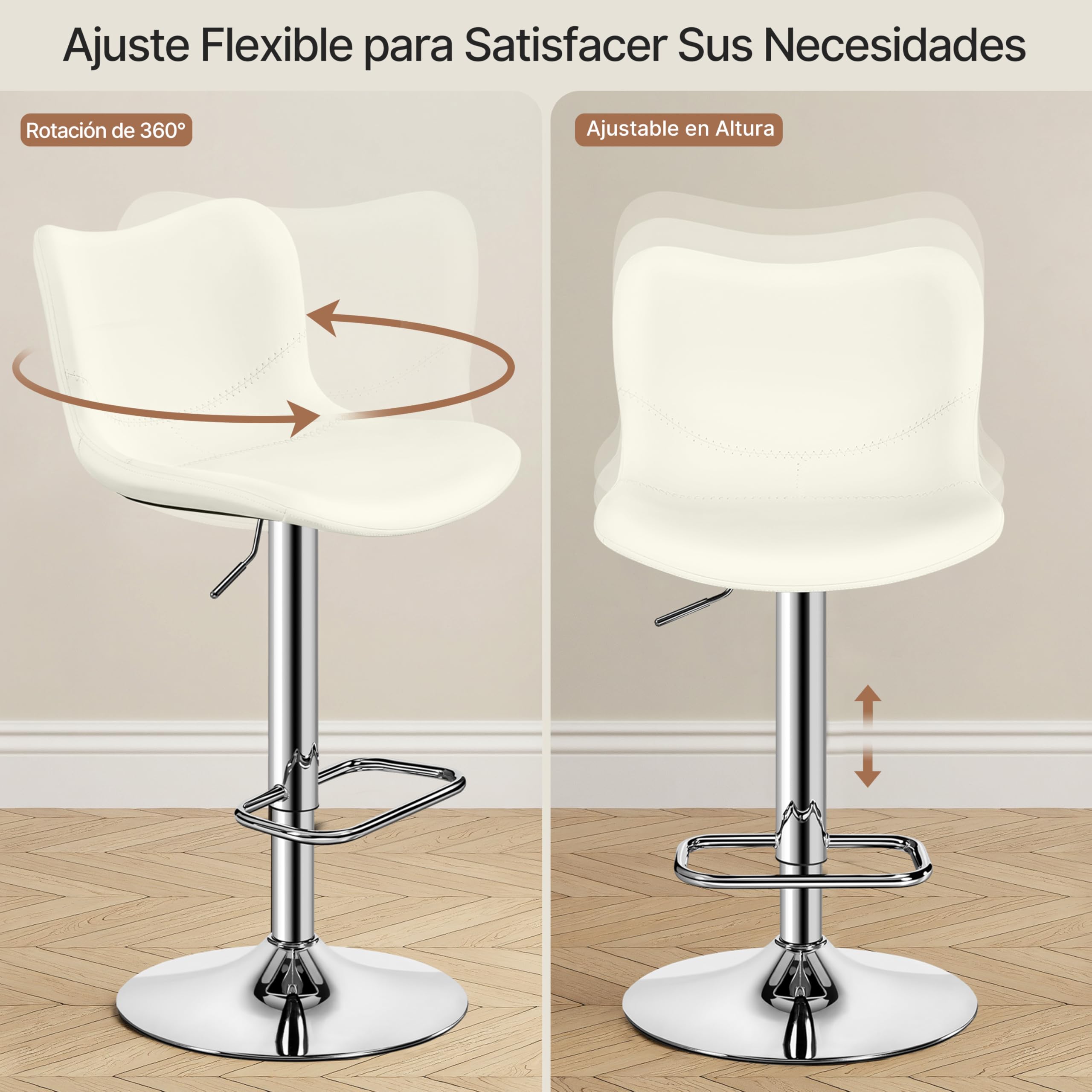 Yaheetech Juego de 2 Taburetes de Bar, Silla de Polipiel sin Reposabrazos | Sillas Giratorias con Respaldo Reposapiés Altura Ajustable Blanco