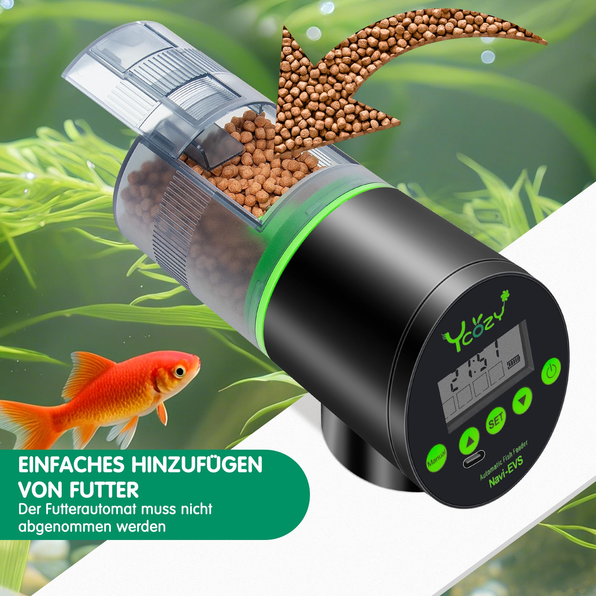 Ycozy Futterautomat Aquarium mit Feuchtigkeitsdichter Abdeckung Fischfutter Automat mit Typ-C Ladekabel LCD-Anzeige für Aquarium Fischtank Navi-EVS