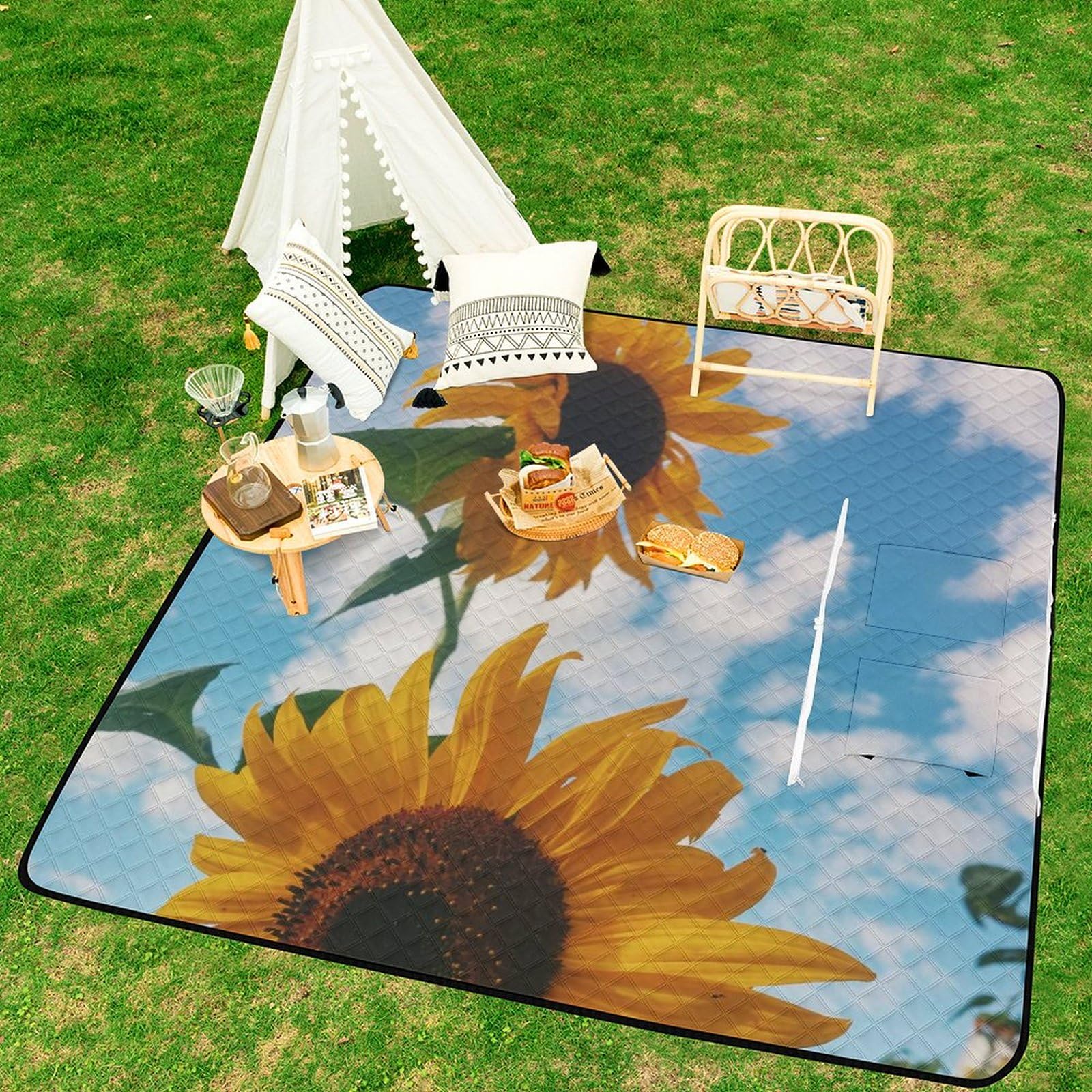 3D Impression SunFleurs in The Sun Couverture Pique Nique Tapis De Plage Anti Sable Matelas De Plage Tapis Picnic pour Jardin,Nappe, BBQ, Randonnée 200x200cm