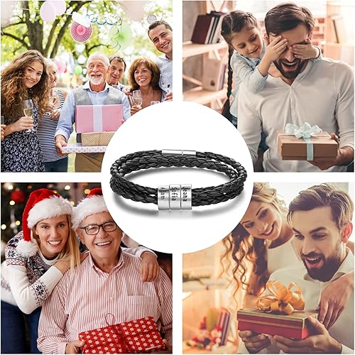 Miniatura 7 de REMFACIO Mens Leather Bracelets Personalized Name Engraved Bracelet Leather Braid Bracelet Gifts for Men Dad Husband Grandpa Boyfriends
