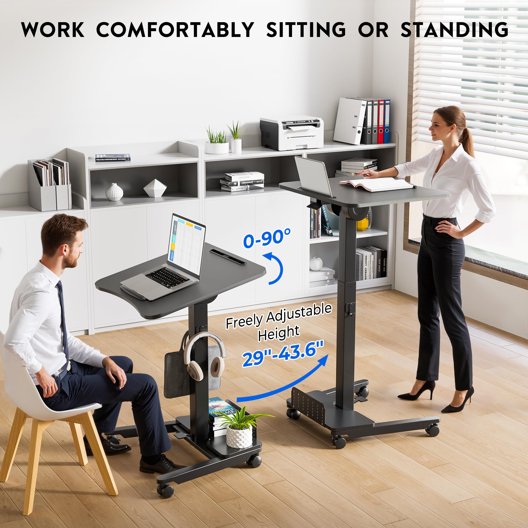 BONTEC Mobile Standing Desk Adjustable Height Rolling Laptop Cart with Storage Shelf Hooks Portable Workstation with Pneumatic Lift — view 3