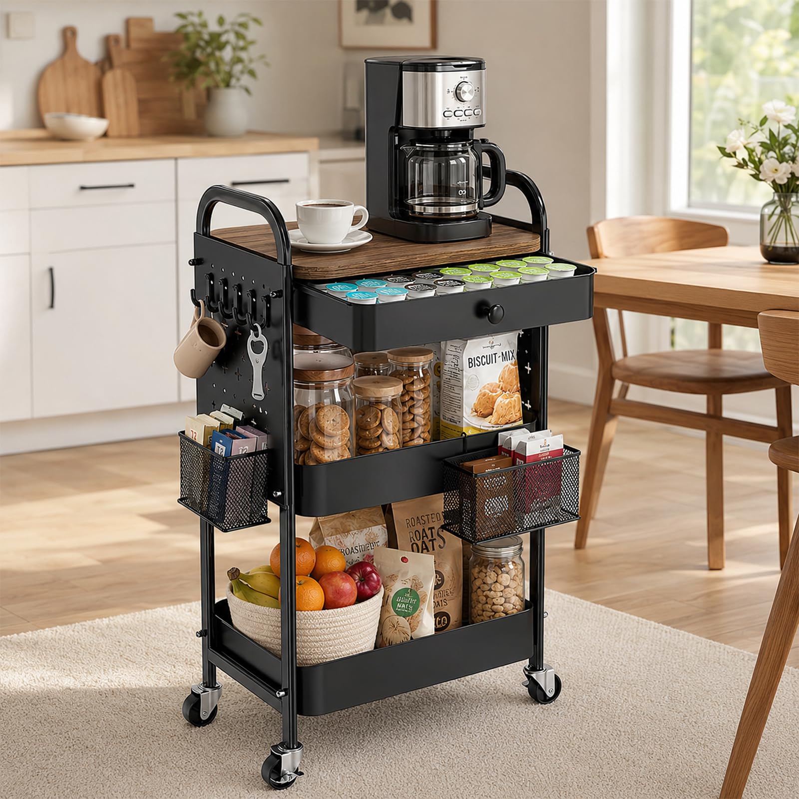 ZONJIE Carrello con cassetto e piano in legno, carrello portaoggetti a 3 livelli in metallo con ruote, pareti forate, cestini e ganci per cucina, bagno, ufficio e sala fai da te, nero