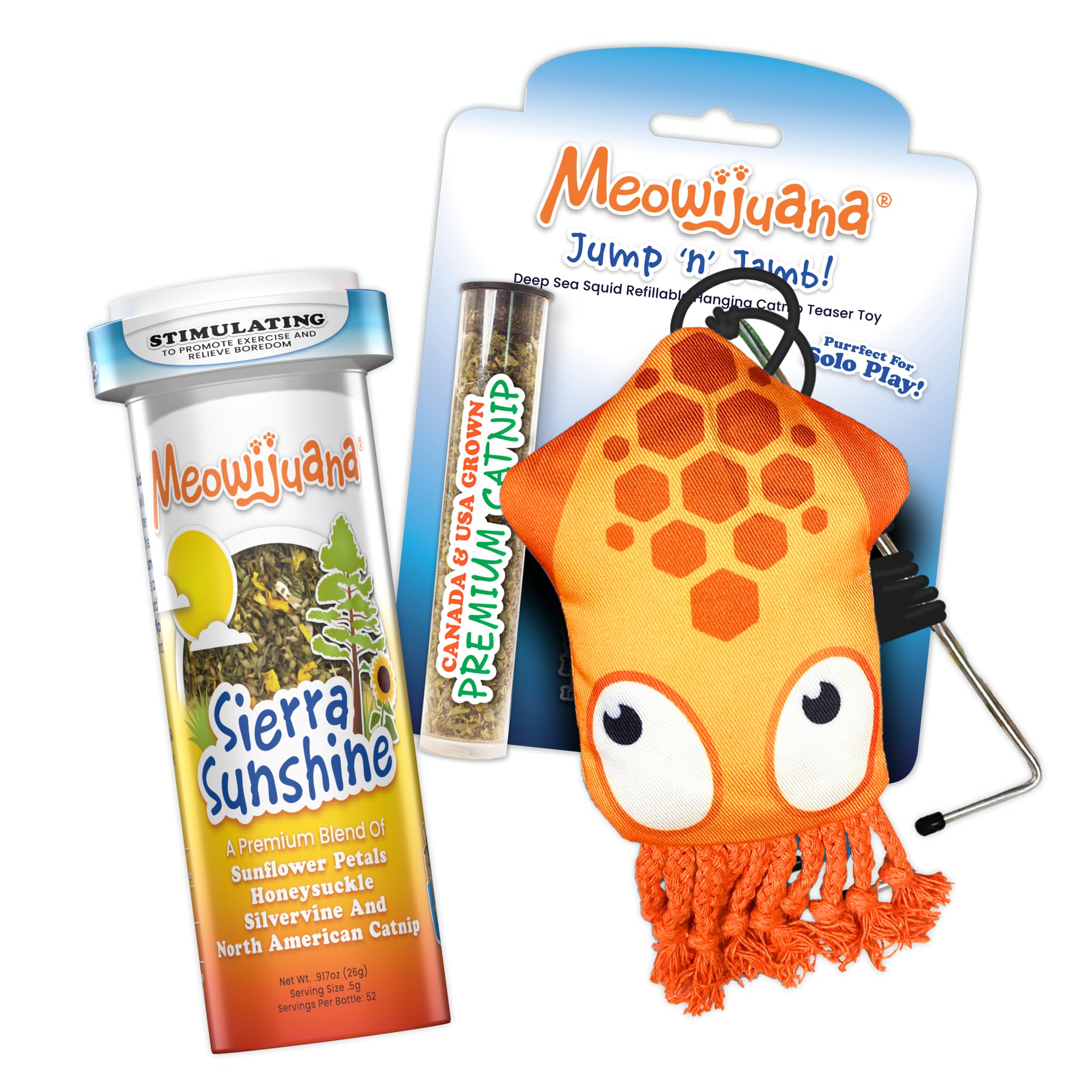 Meowijuana | Jump 'n' Jamb Deep Sea Squid Door Hanger Toy and Sierra Sunshine Catnip Blend | Promotes Play and Cat Health | Includes North American Organic Catnip