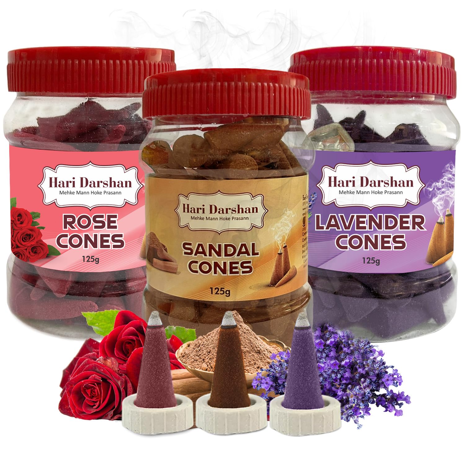 Hari Darshan Dhoop Cones | Combo Sandal Lavender Rose | Organic Dry Dhoop with Long-Lasting Fragrance for Pooja Meditation & Yoga | Traditional Chemical-Free Natural Dhoop Cones | Pack of 3 125g Each
