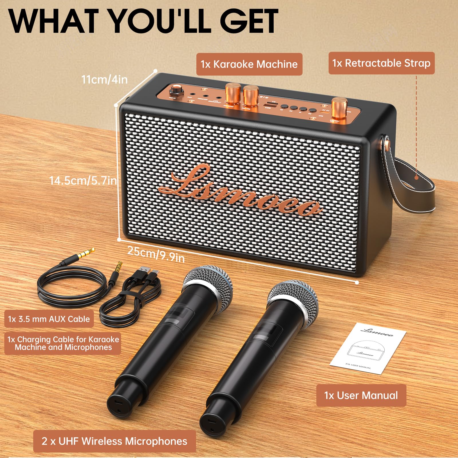 Tragbare Karaoke Maschine Anlage mit 2 Drahtlosen Mikrofonen für Erwachsene & Kinder Bluetooth Lautsprecher Unterstützt Vier-Kanal-Mikrofonerweiterung für Hauspartys,Picknicks/Vintage-Geschenke