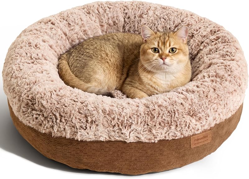 Cama Donut Extra Grossa e Macia para Gatos FUKUMARU com Pelúcia e Laterais Elevadas – 51 x 51 x 15 cm