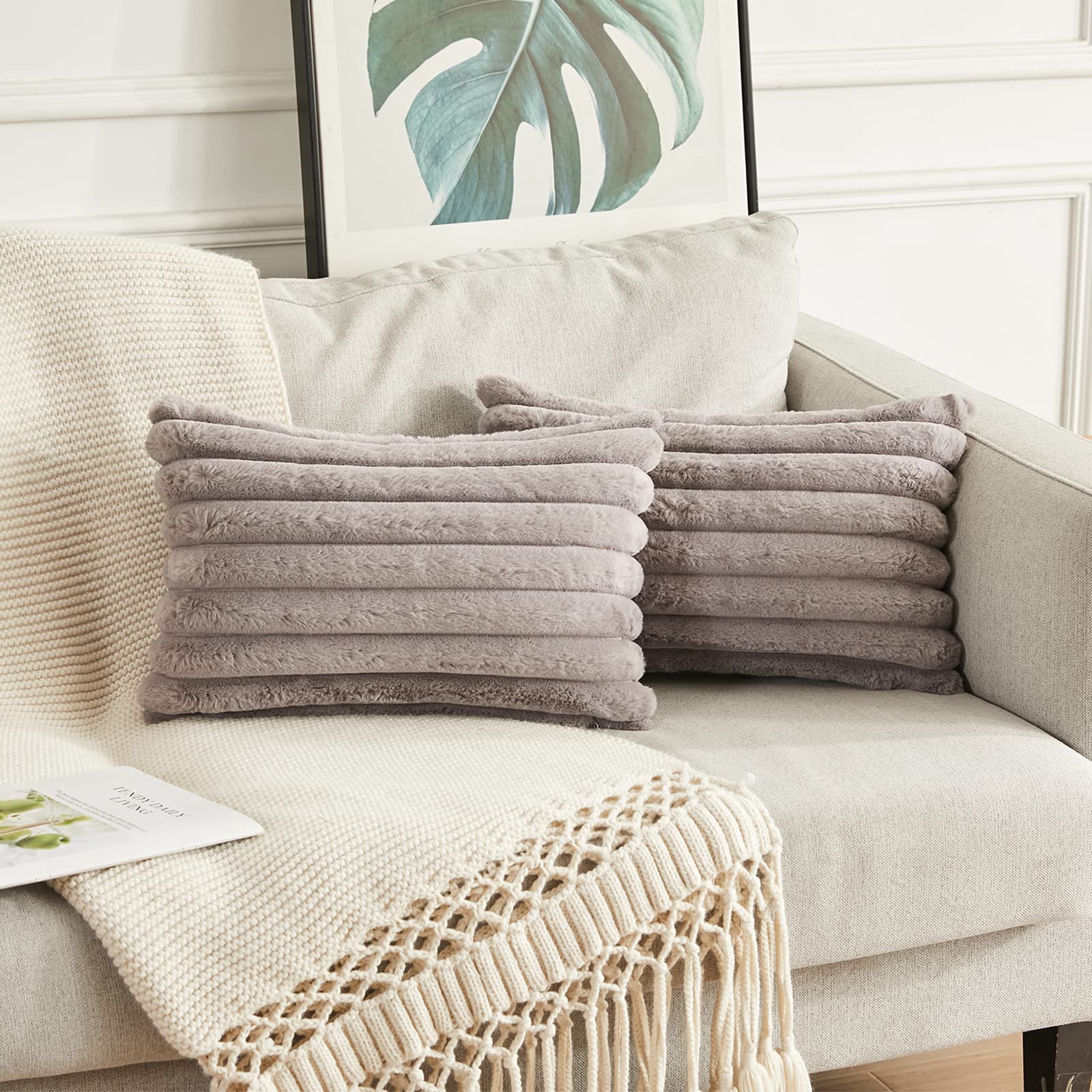 Joyouth Pack of 2,Double-Sided Faux Fur Plush Decorative Throw Pillow Covers Fuzzy Striped Soft Pillowcase Cushion Covers for Sofa Couch Bedroom DarkGrey 12x20 inch