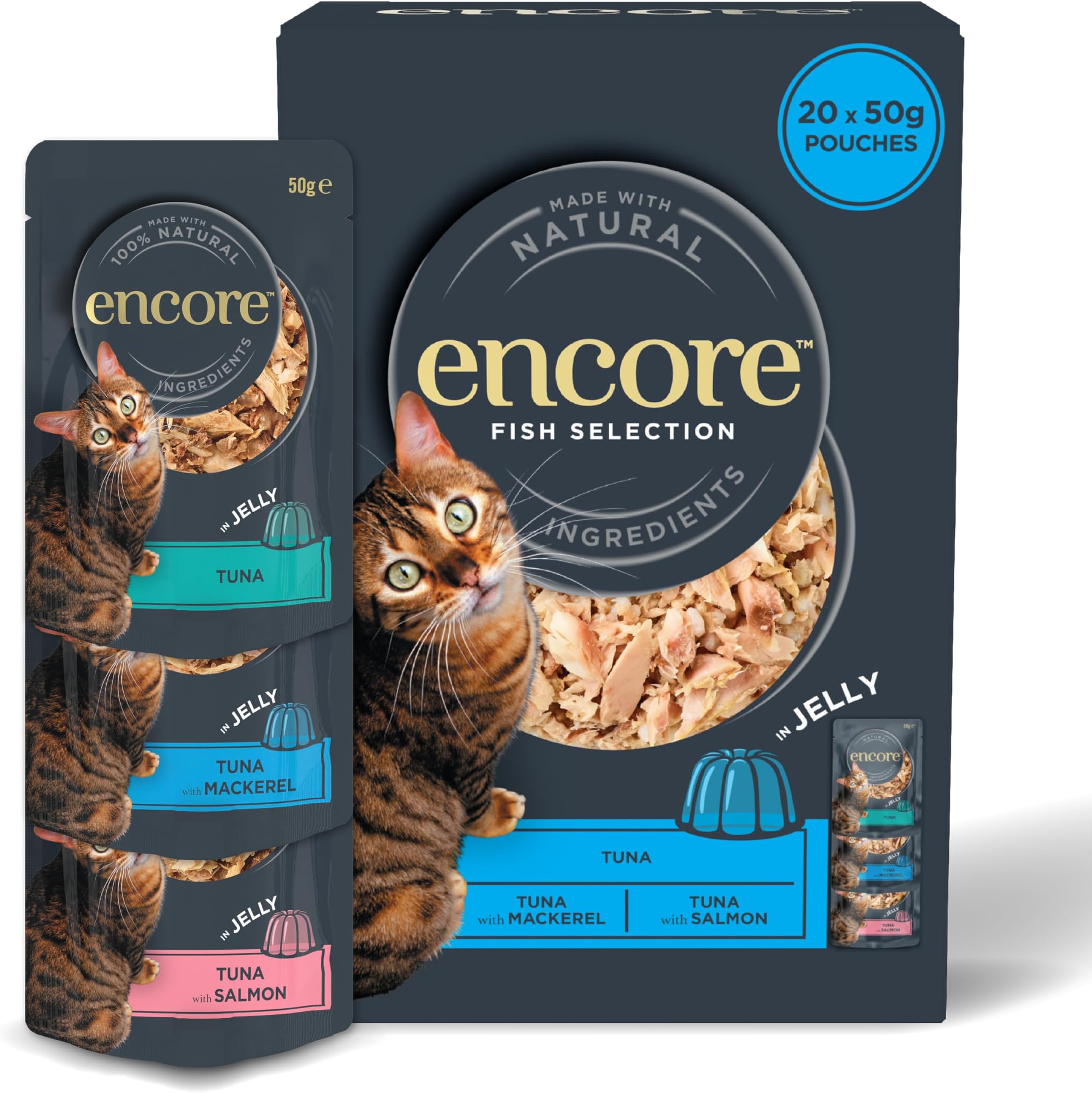 Natural Wet Cat Food, Multipack Tuna with Fish Selection in Jelly 5 x 50g Pouch, Pack of 4 (Packing May Vary)