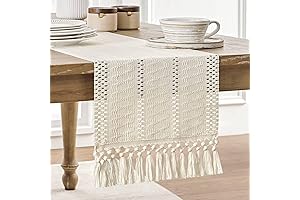 Macrame Style Boho Table Runner: 60" Ivory Farmhouse Woven Home Decor