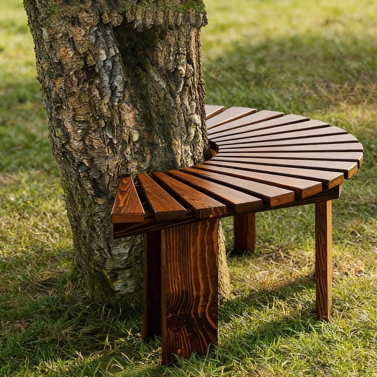 ksxnkhk Half Round Tree Bench, Wrap-Around Outdoor Slatted Seat, Weatherproof Wooden Surround Benches for Patio Natural Garden Park - Easy Assembly & Drainage(Brown,Round)