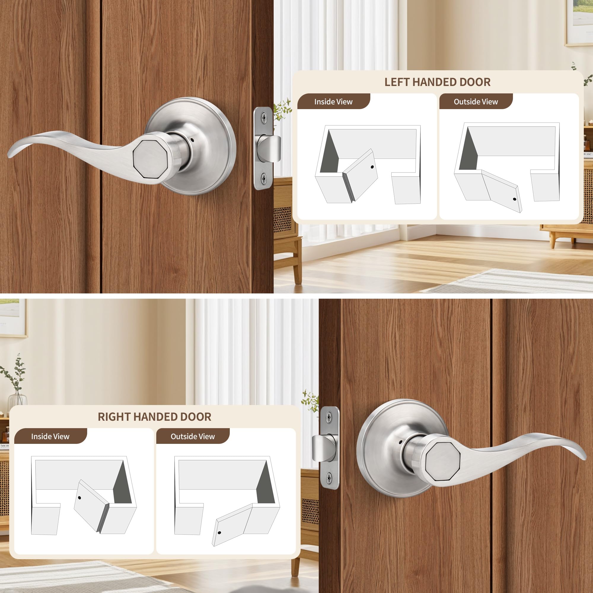 Moquin Manija de puerta de paso con diseño de onda sin llaves ni cerradura, manija de puerta reversible para armario derecho/izquierdo/cerradura de puerta de pasillo en acabado de níquel satinado
