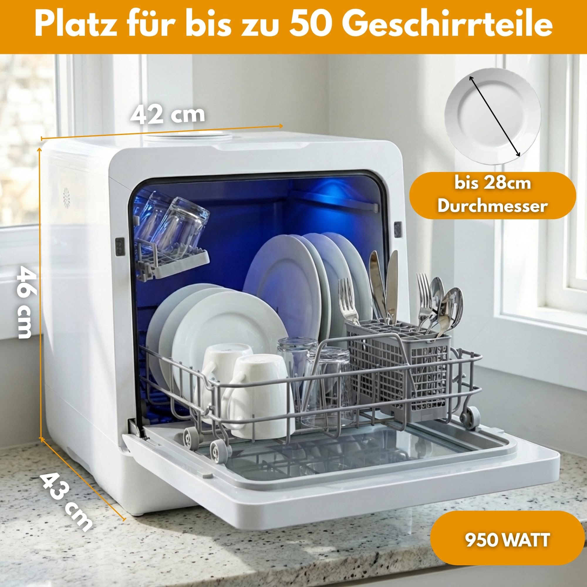 Sommertal SP9 Mini Geschirrspüler Tischgeschirrspüler 28cm Teller 10+1 Funktionen freistehend LED Touch 5L Wassertank Festanschluss