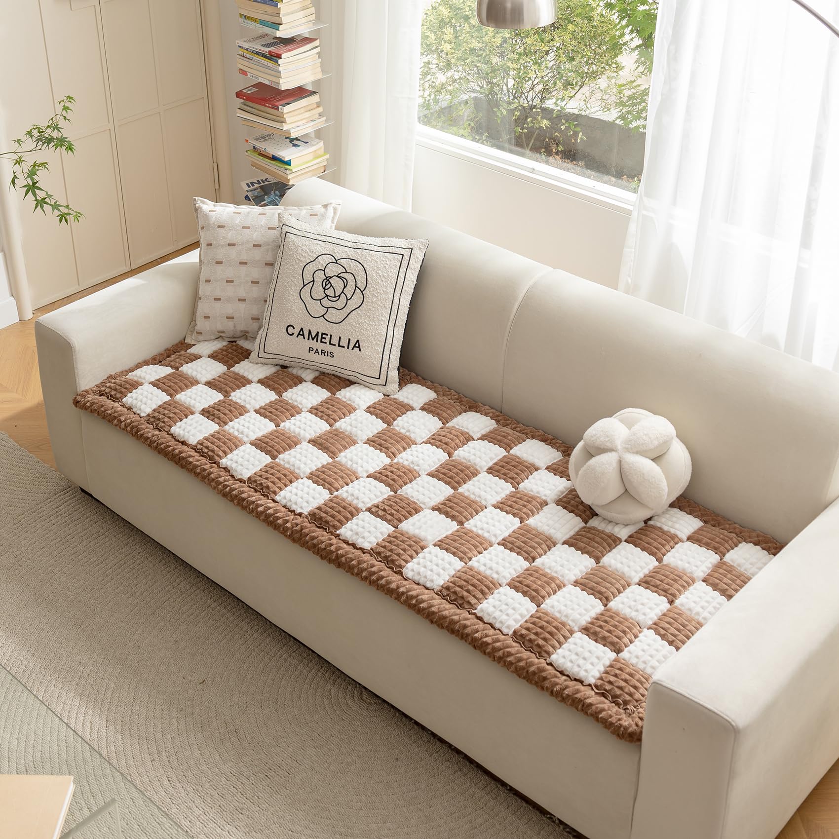 Couchbezug für Hunde, waschbar, flauschiger Haustierbezug für Sofa, Bezüge für 3 Kissen, Couch, haustierfreundlich, rutschfeste Hundebettmatte, Hundedecke, Dunkelkaffee, 70 x 210 cm