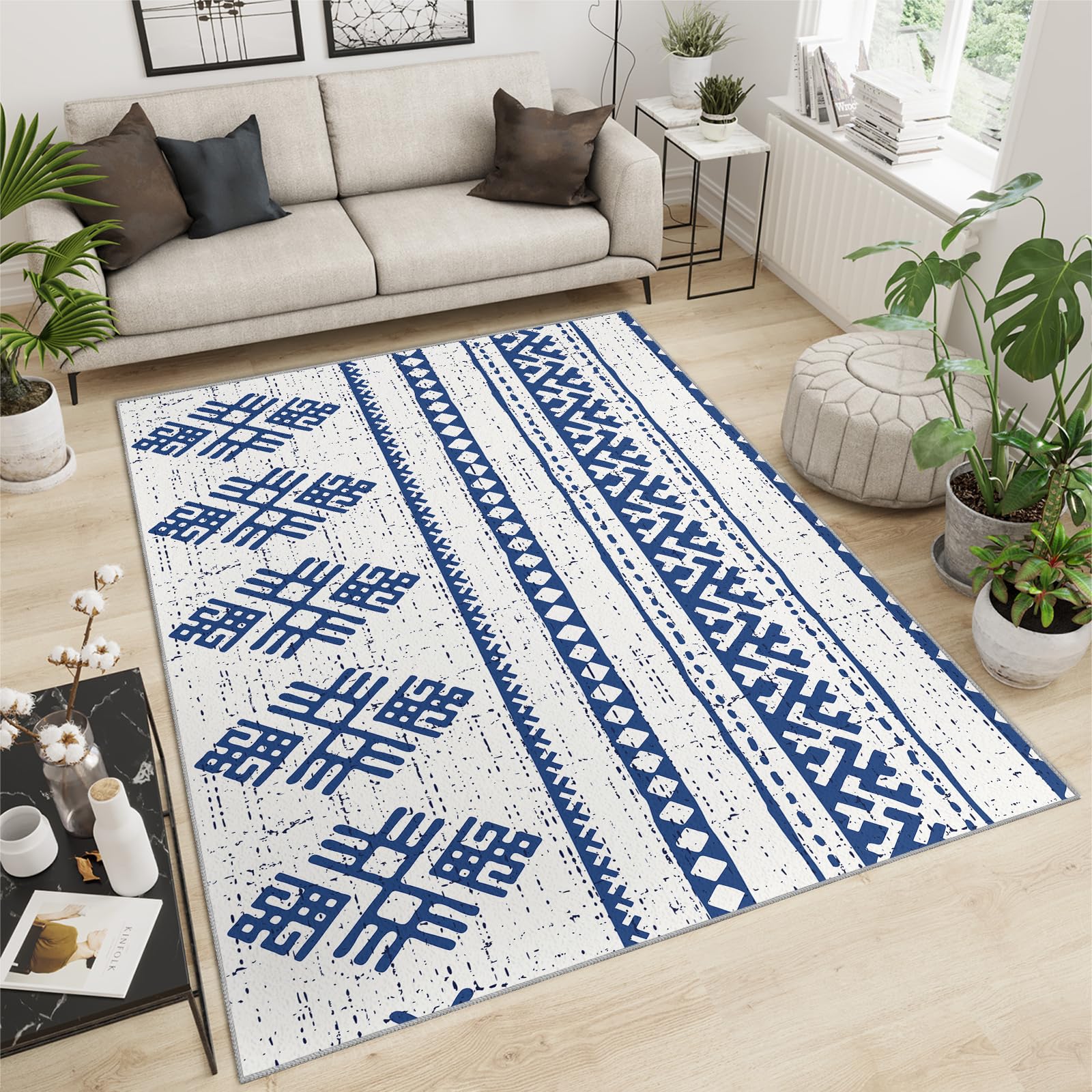 QDJKBL Area Rug 120 X 180 Cm Retro Bohemian Regular Print, Navy Blue and White Geometric Ethnic Bedroom Decor, 3D Carpet Short Velvet for Family and Pet — image 1