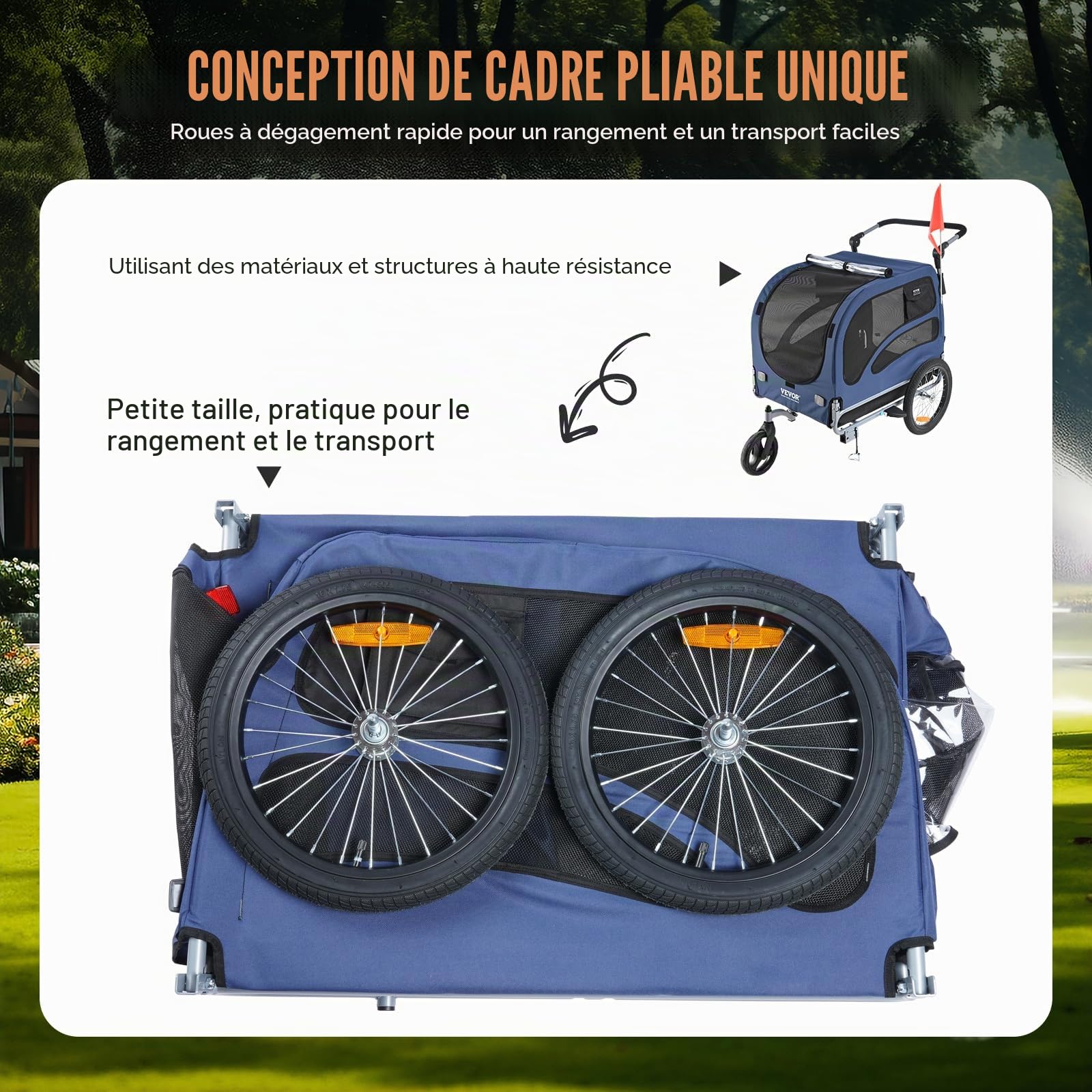 VEVOR Remorque de Vélo Chien Pliable Charge 45 kg Poussette d'Animaux de Compagnie 2en1 Cadre Facile à Plier avec Roues à Dégagement Rapide, Coupleur de Vélo Universel, Réflecteurs, Drapeau, Bleu/Noir