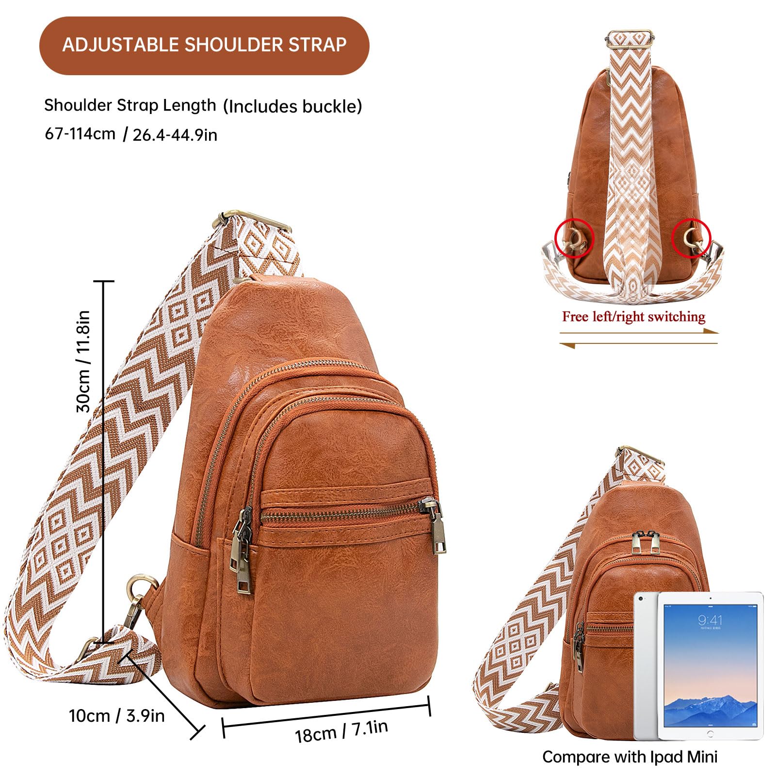 Long Keeper Sac de Poitrine Cuir Femme Homme, Petit Sacs à Dos Porté Travers Sling Bag Imperméable Sacoche Femme Bandouliere pour Voyage Randonnée Vélo Sports