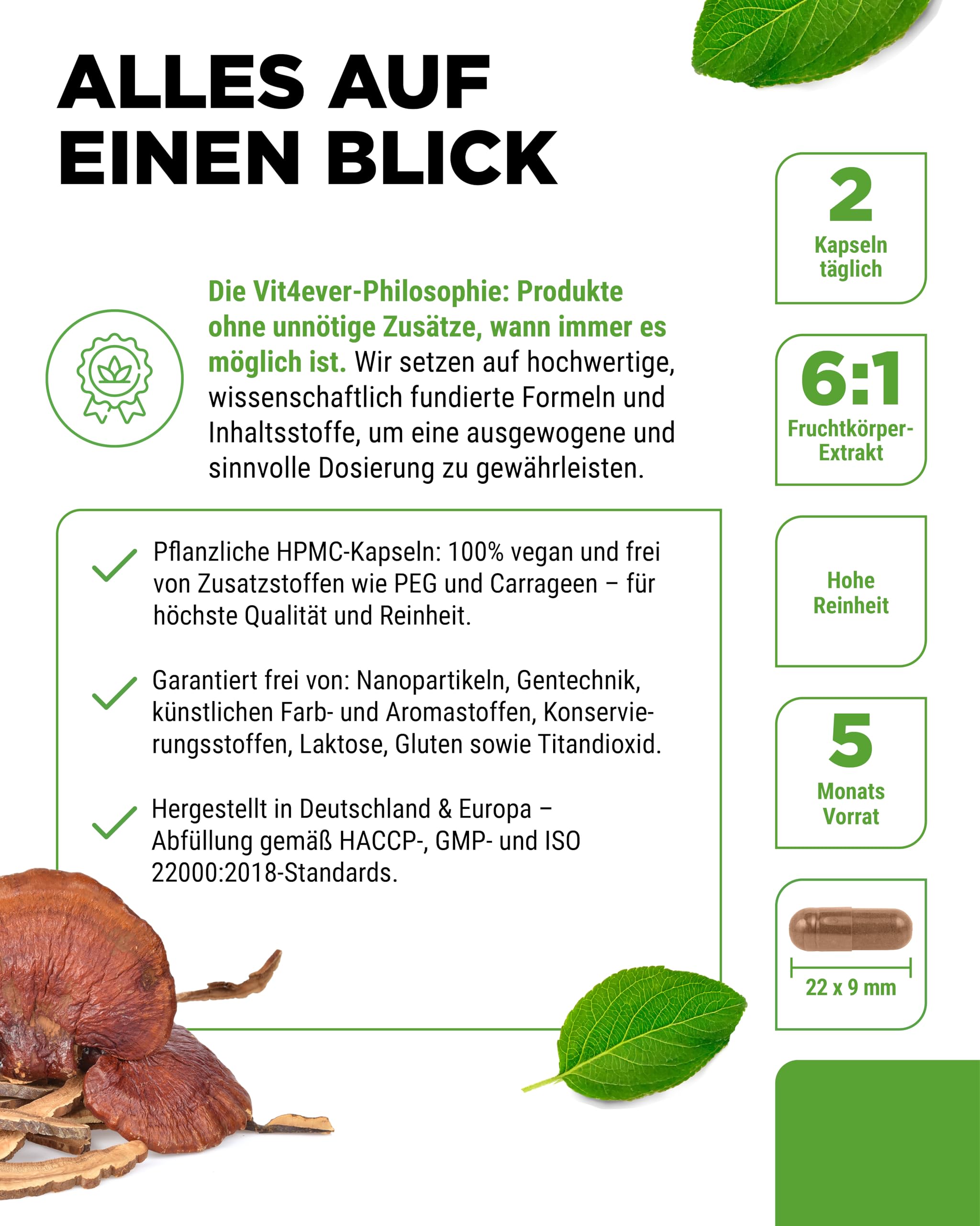 vit4ever Reishi Pilz - 270 vegane Kapseln mit 1300 mg Extrakt pro Tagesdosis - 40 % Polysaccharide - Ganoderma lucidum - hochdosiert, ohne unnötige Zusätze, vegan