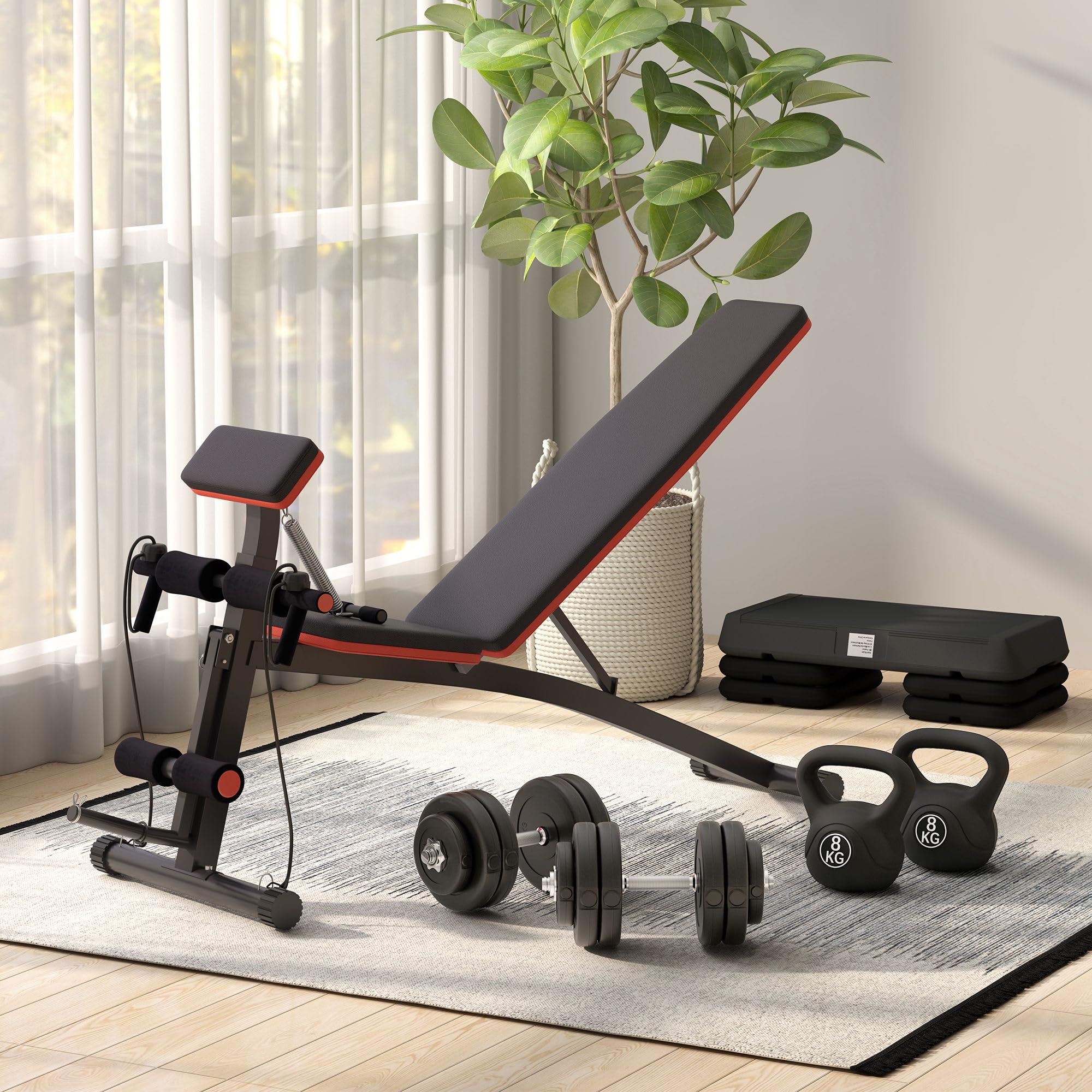 HOMCOM Panca Palestra Pieghevole, Panca Addominali Multifunzione Inclinabile con Schienale Regolabile a 7 Livelli, Macchina Leg Extension, Cuscinetto, Banda di Resistenza, per Allenamento Casa