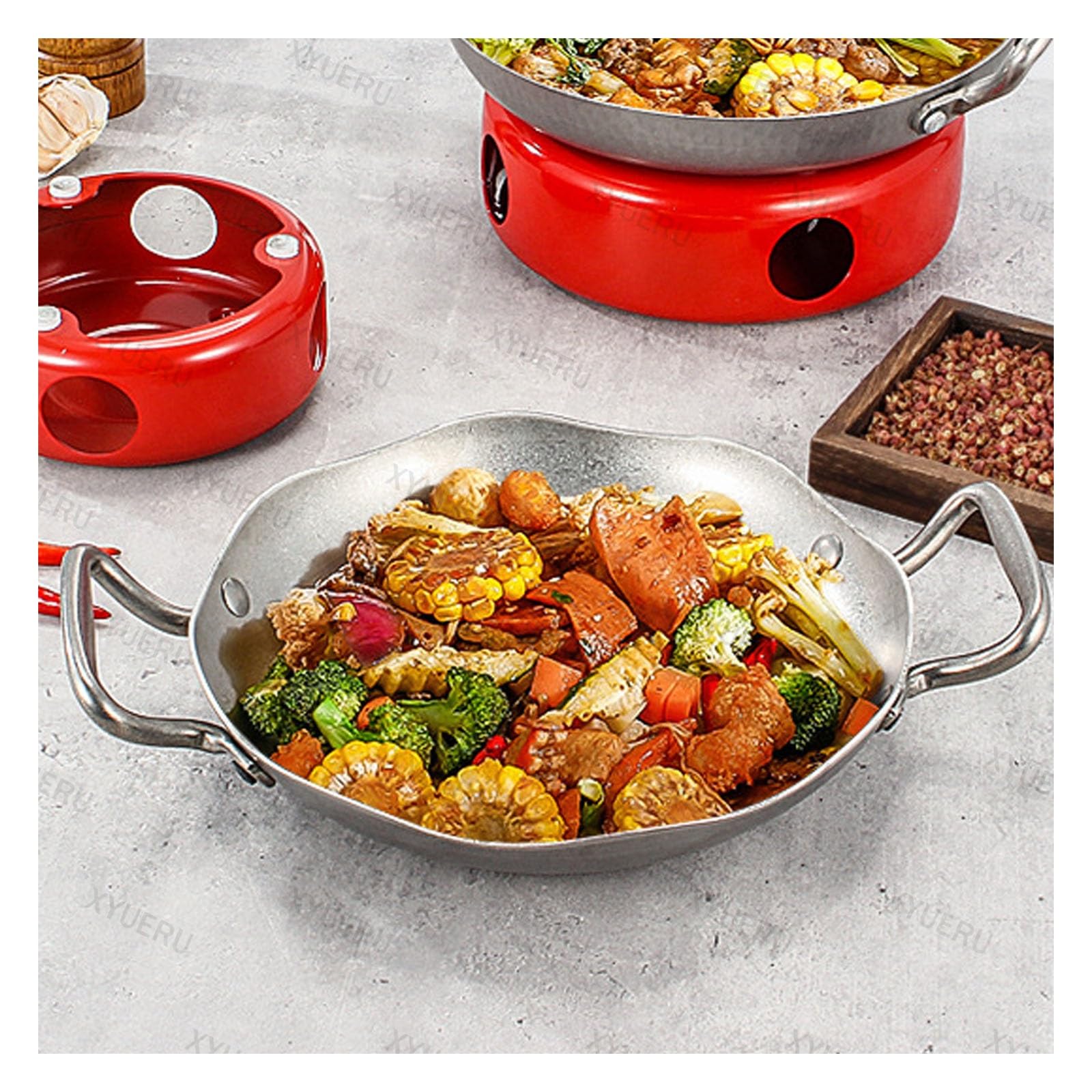 Paellera de acero inoxidable con doble oreja, olla versátil para inducción, mariscos y pasta, ideal para uso doméstico y restaurante