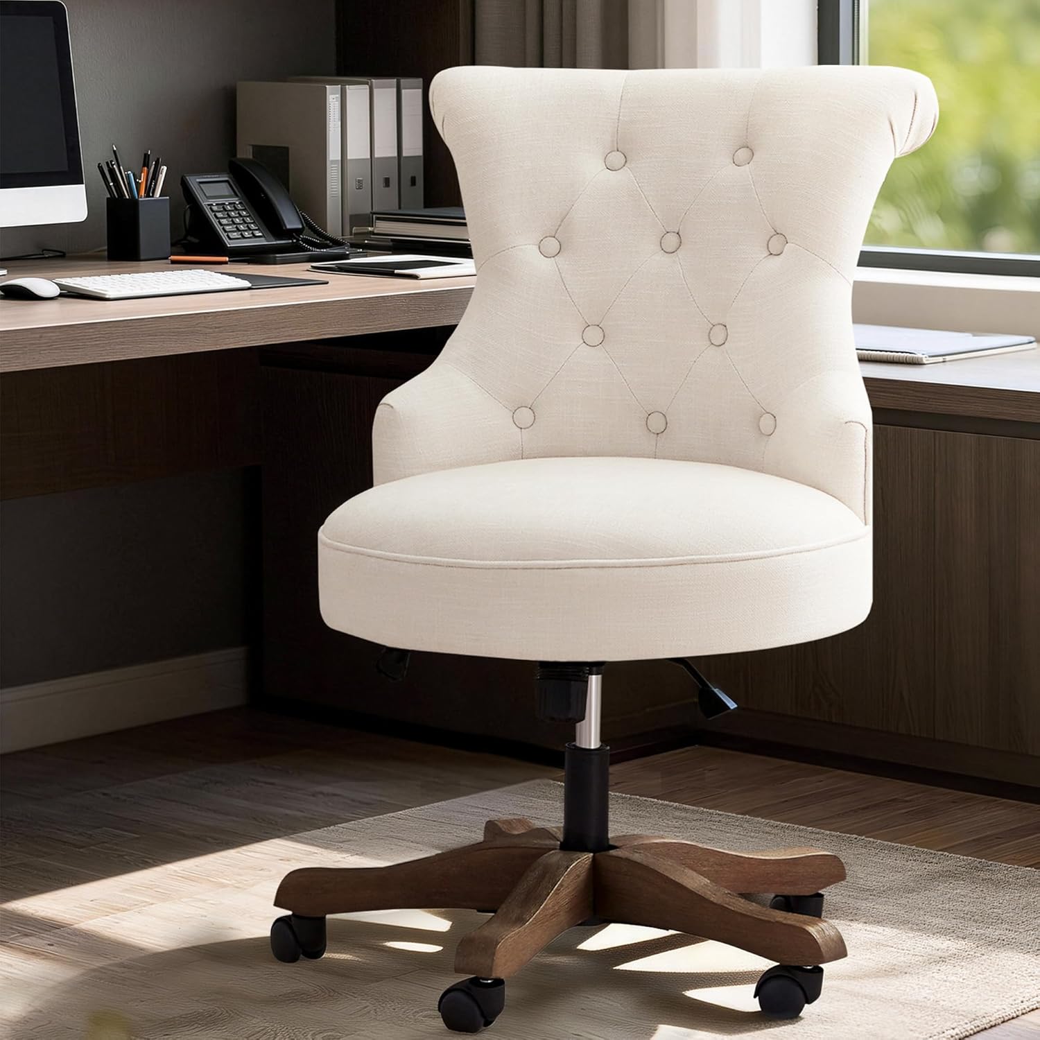 HUIMO Home Office Chair Upholstered Armless Desk Chairs with Wheels Adjustable Height Computer Desk Chair with Wooden Legs Linen Comfortable Swivel for Home Office Study Studio (Beige)