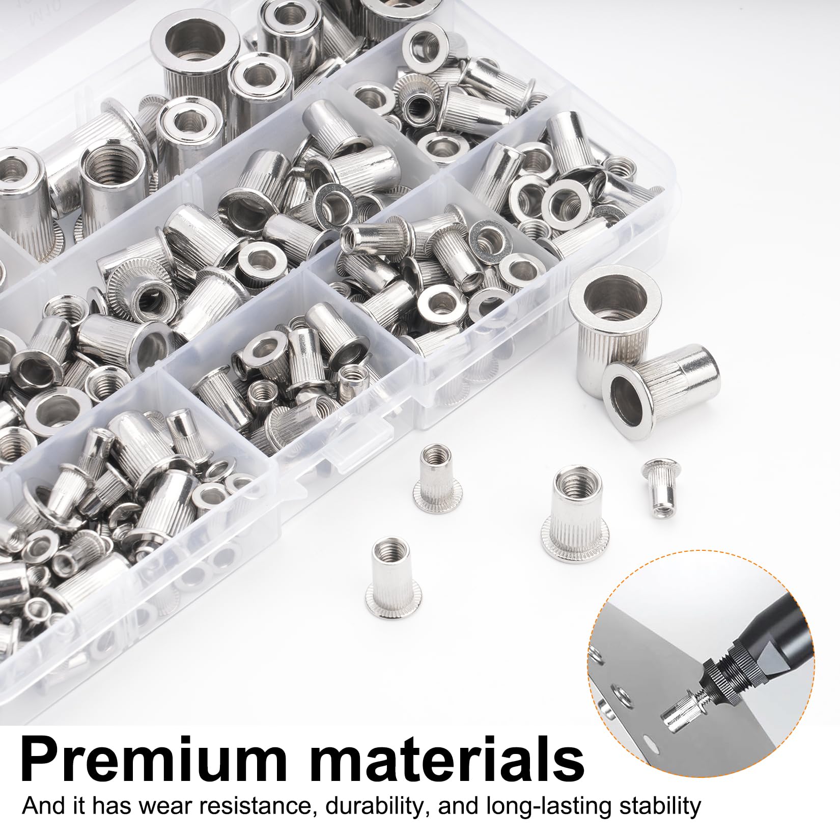 218 Pz Rivetti Filettati, Inserti Filettati Kit, Dadi a Rivetto, Inserto Filettato a testa piatta in acciaio inox, Boccole Filettate per Metallo lamiere e tubi metallici, M3 M4 M5 M6 M8 M10