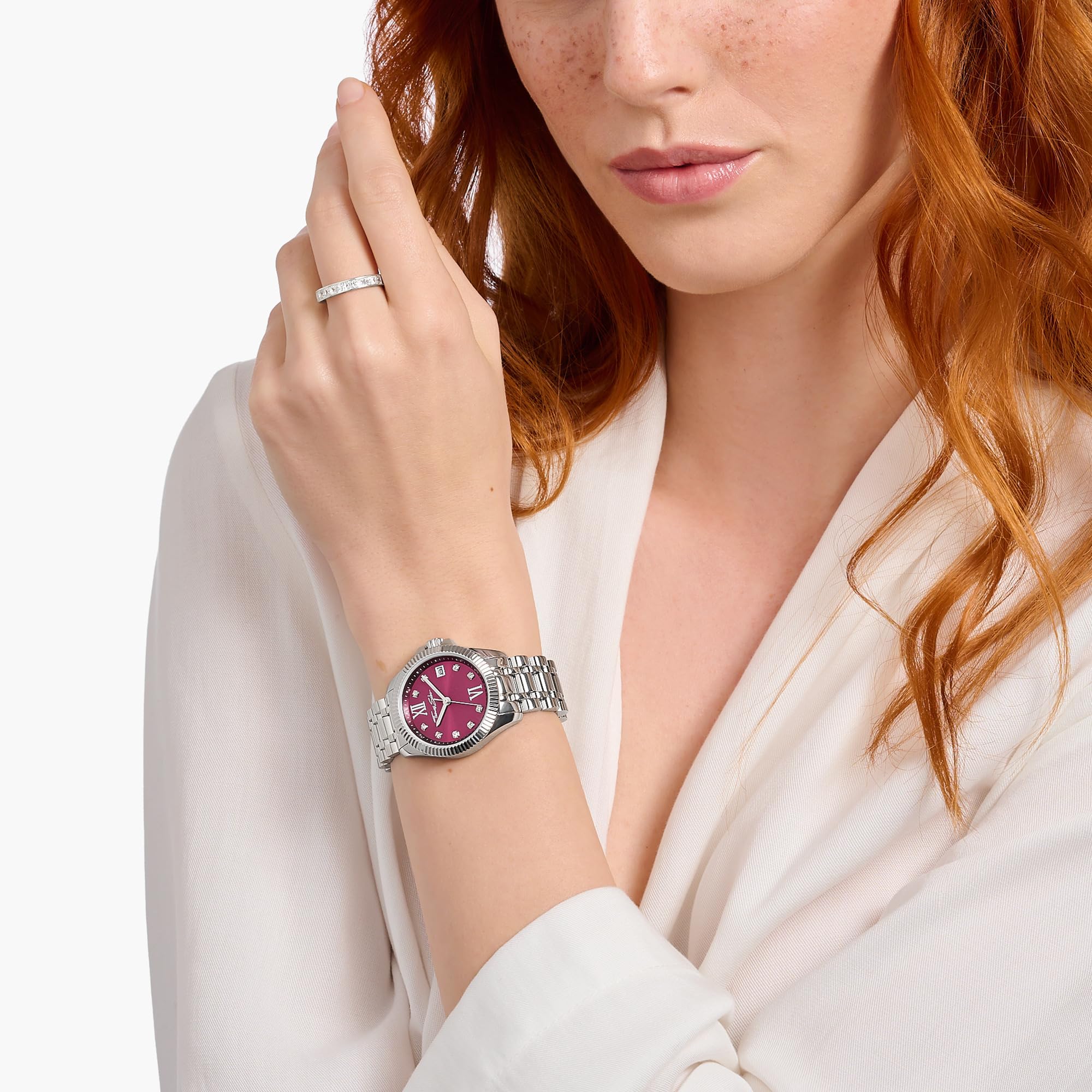 THOMAS SABO Damenuhr Divine Burgundy mit weinrotem Zifferblatt und weißen Steinen Silber Edelstahl, Edelstahl Silberfarben