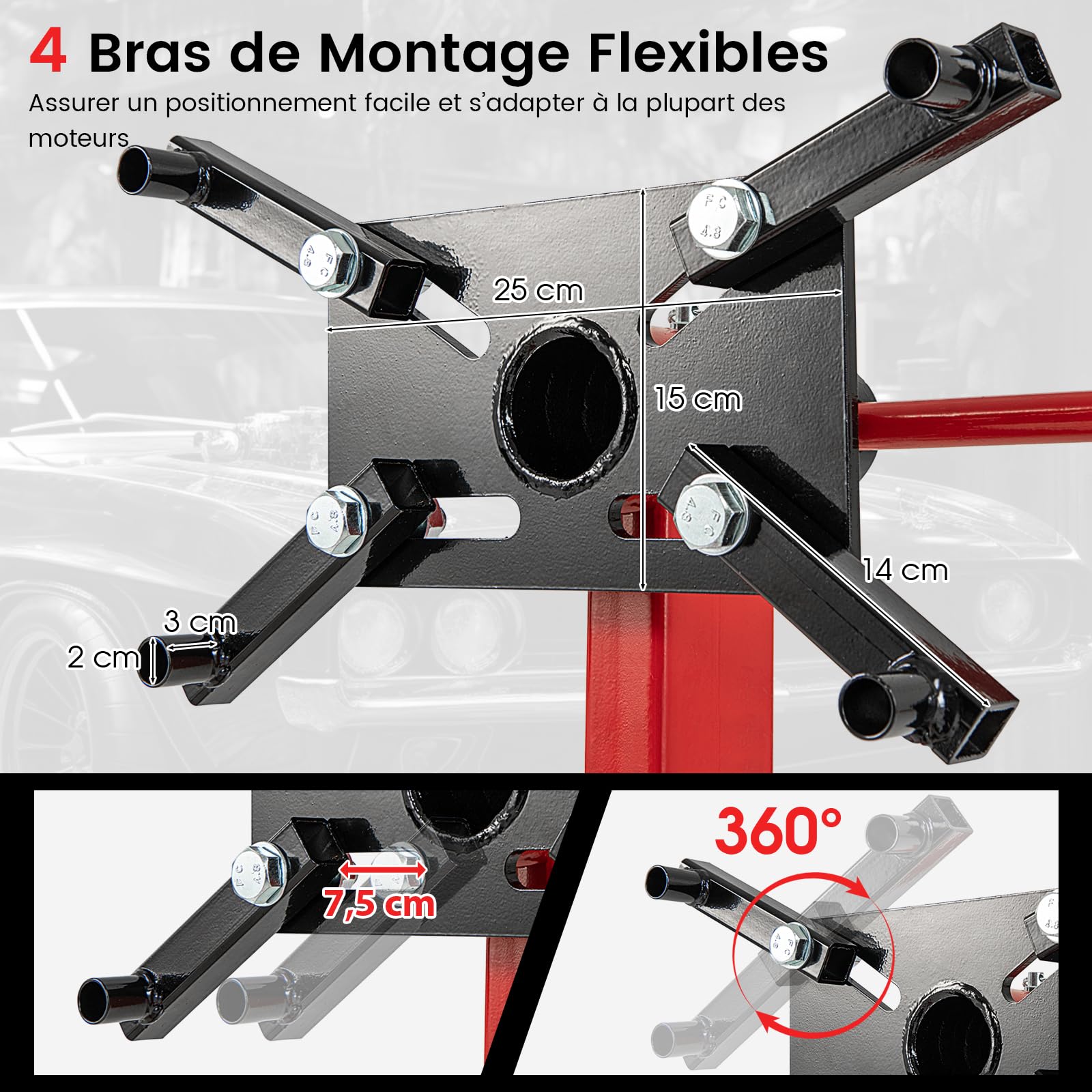 GYMAX Support de Moteur, Capacité 680 Kg, Support Moteur avec Tête Rotative à 360°, 4 Bras Réglables, 4 Roues Universelles, Support Moteur Robuste pour Atelier de Réparation Automobile, Garage
