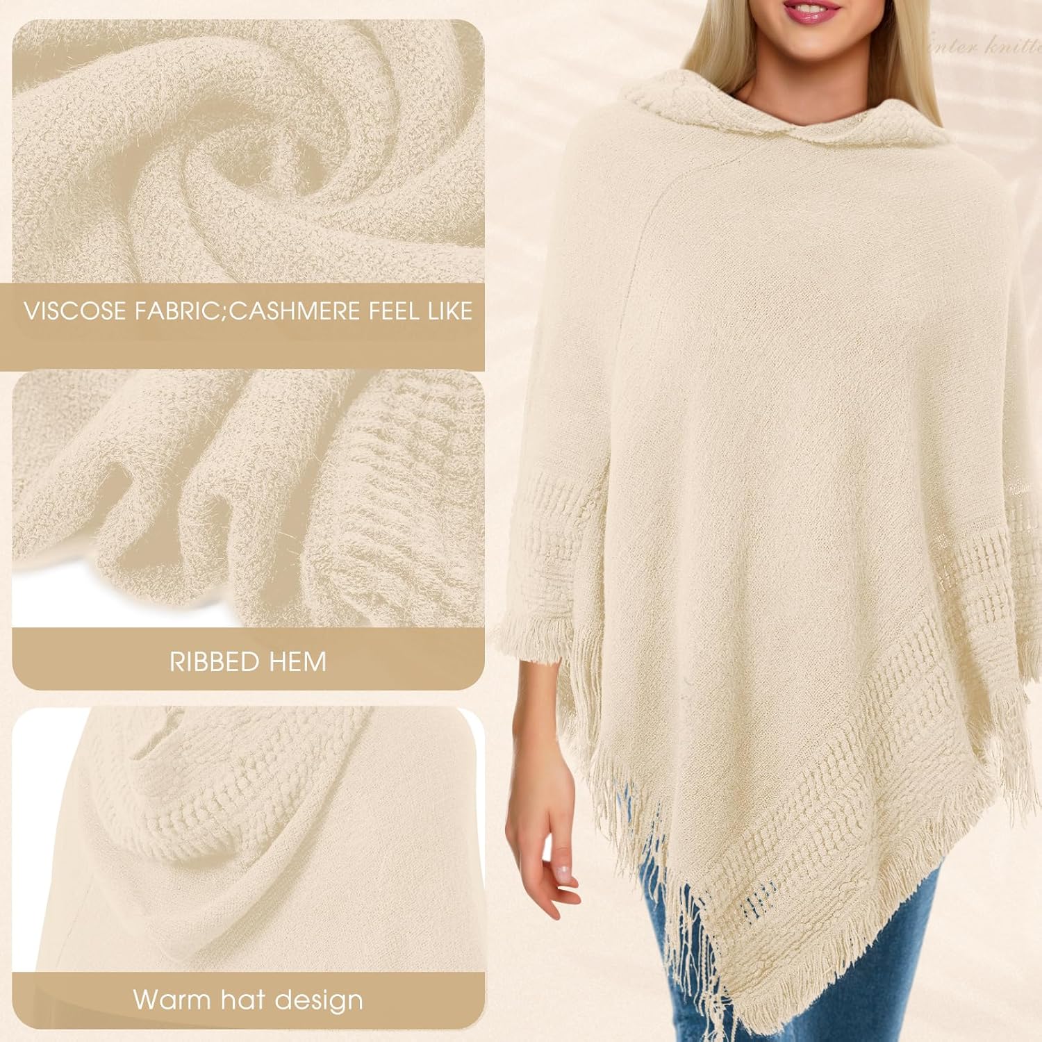 Women Hooded Cape Ponchos Sweater Solid Knit Versatile Lightweight Shawl Wrap Scarf Cape Poncho Accessories - Image 3