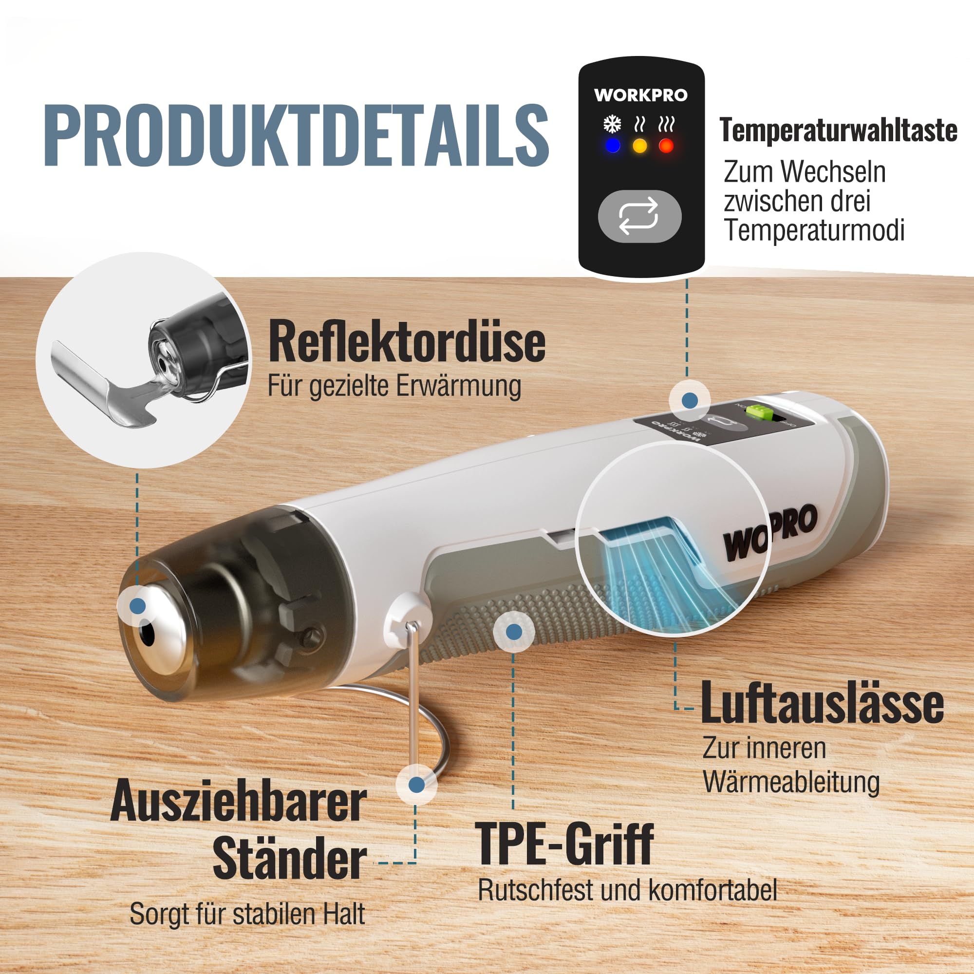 WORKPRO 8V Mini Heißluftpistole mit 4000mAh Akku, 300℃/450℃ Heiztemperatur 30s Schnellaufheizen, Mini Heißluftfön mit Reflektordüse und 50 Stk. Schrumpfschläuche für DIY, Reparaturen & Bastelarbeiten
