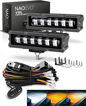 NAOEVO 6 inch 3 Modes White/Amber/White&Amber LED Light Bar and Dual Relay 2 Leads Wiring Harness Combo