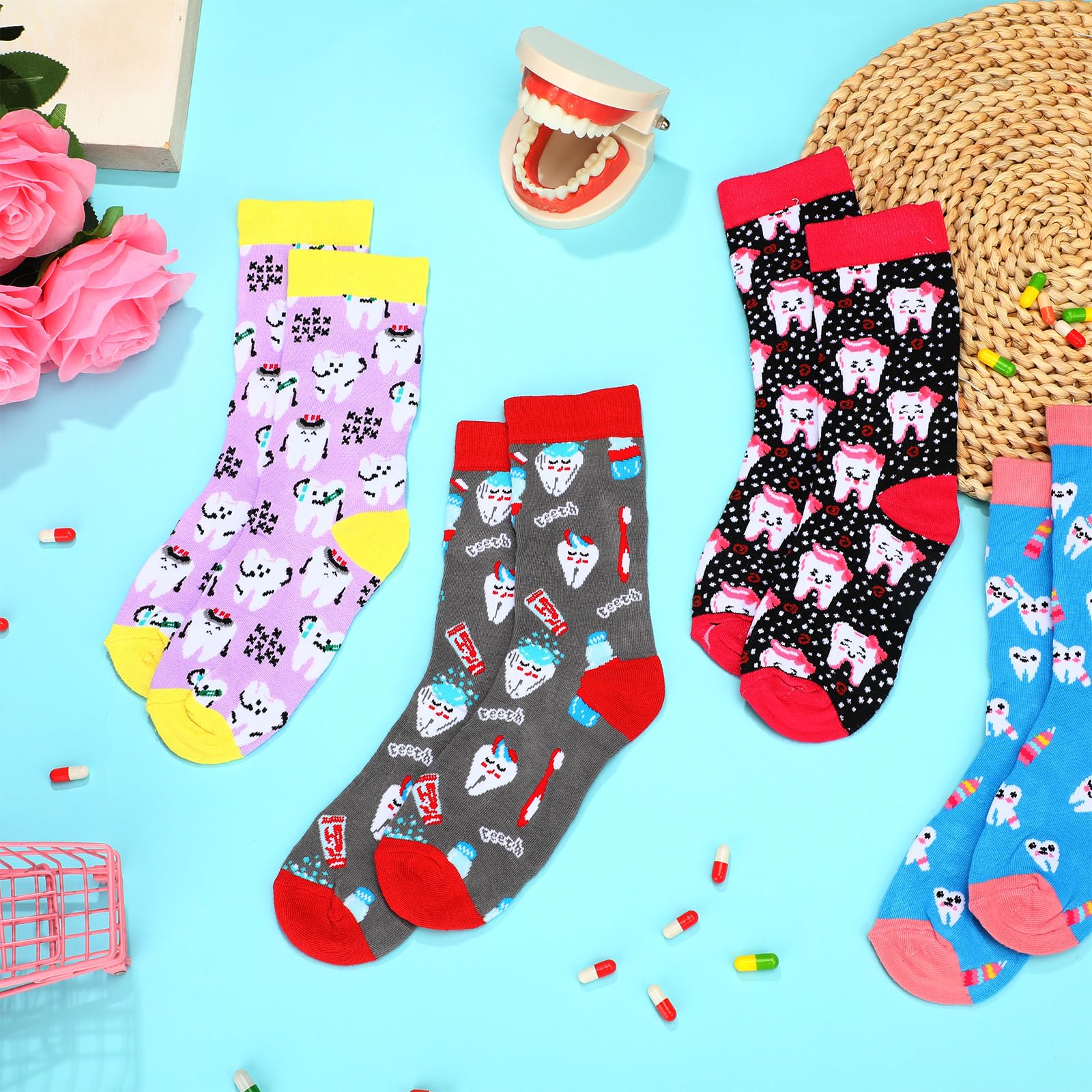 Mepase 12 Paar lustige Frauen Zähne Themed Dental Socken Niedliche Geschenke für Zahnarzt Neuheit Zahnsocken Zahnarzt Socken für Assistent Arzt Hygieniker Schule Student, Schöne Farben., Einheitsgröße