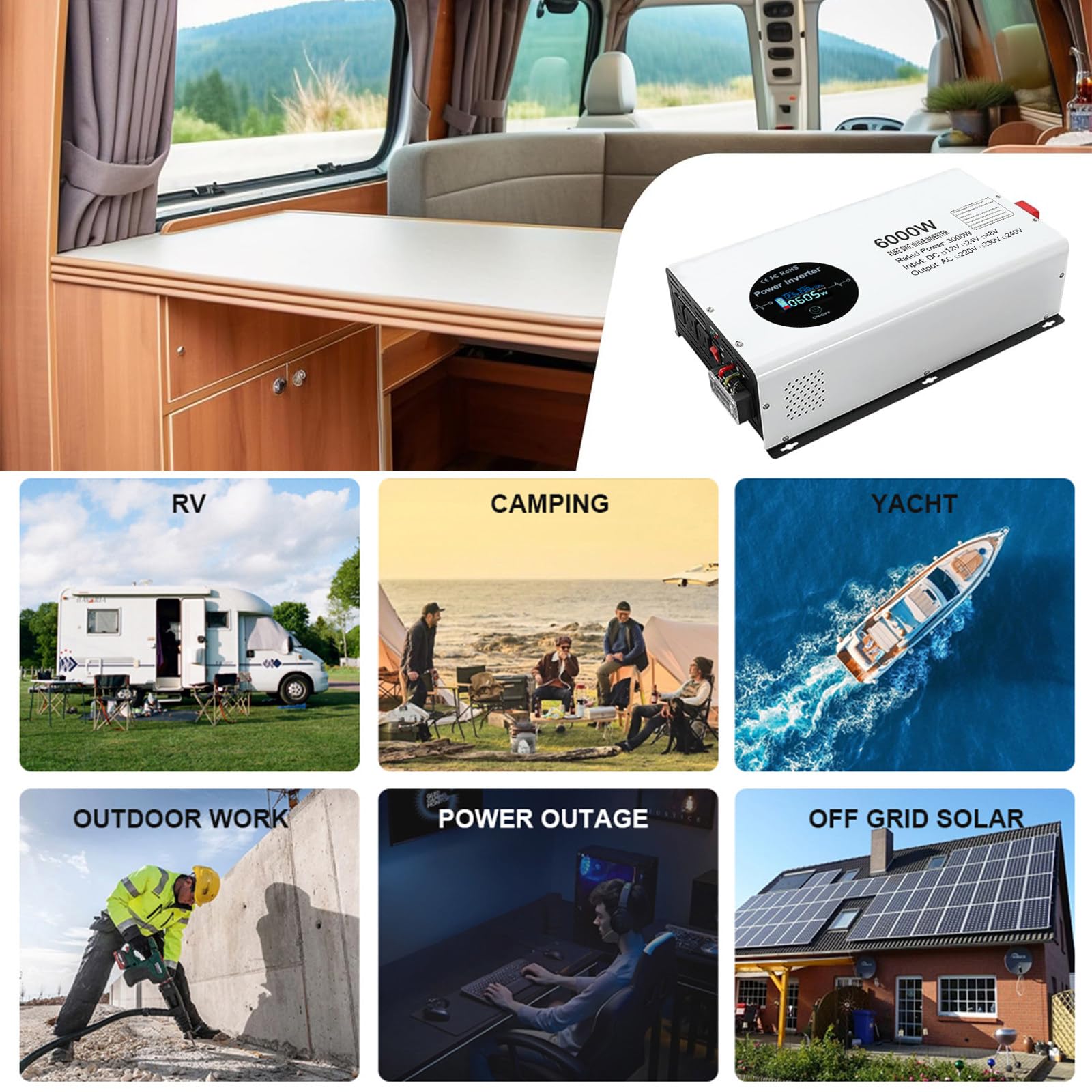 Moc szczytowa 6000 W/moc znamionowa 3000 W Inwerter z bezprzewodowym pilotem, czysty sinusoidalny inwerter mocy, przetwornik DC na AC,12V to 230V