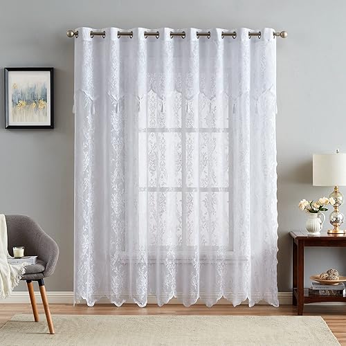Warm Home Designs Cortinas semitraslúcidas de encaje blanco de 102 x 84 pulgadas para puertas de patio con cenefa adjunta y borlas. Cortina de