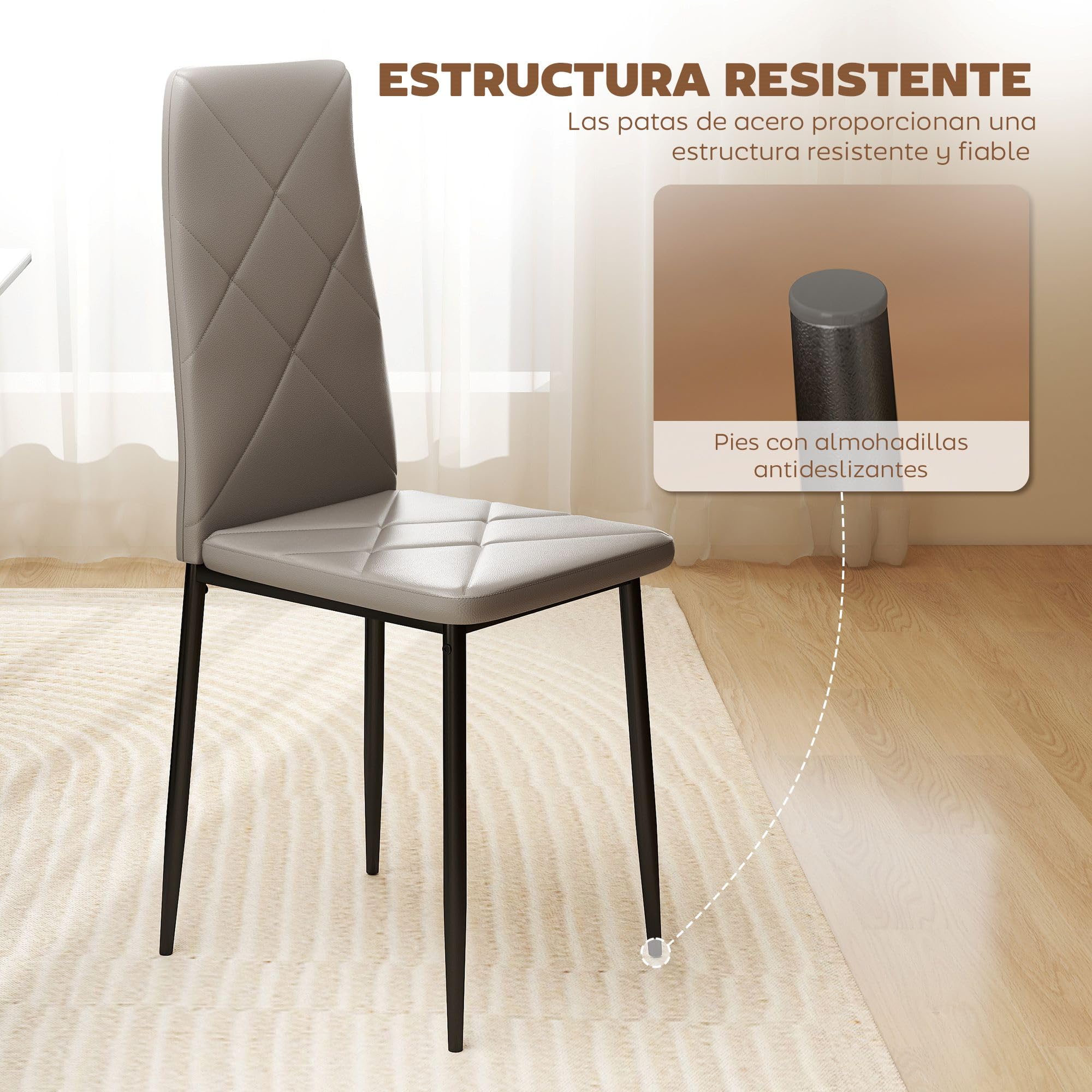 HOMCOM Pack de 4 Sillas de Comedor, Sillas de Cocina Modernas, Tapizadas de Cuero Sintética, Respaldo Alto, Asiento Acolchado, Patas de Acero, Gris