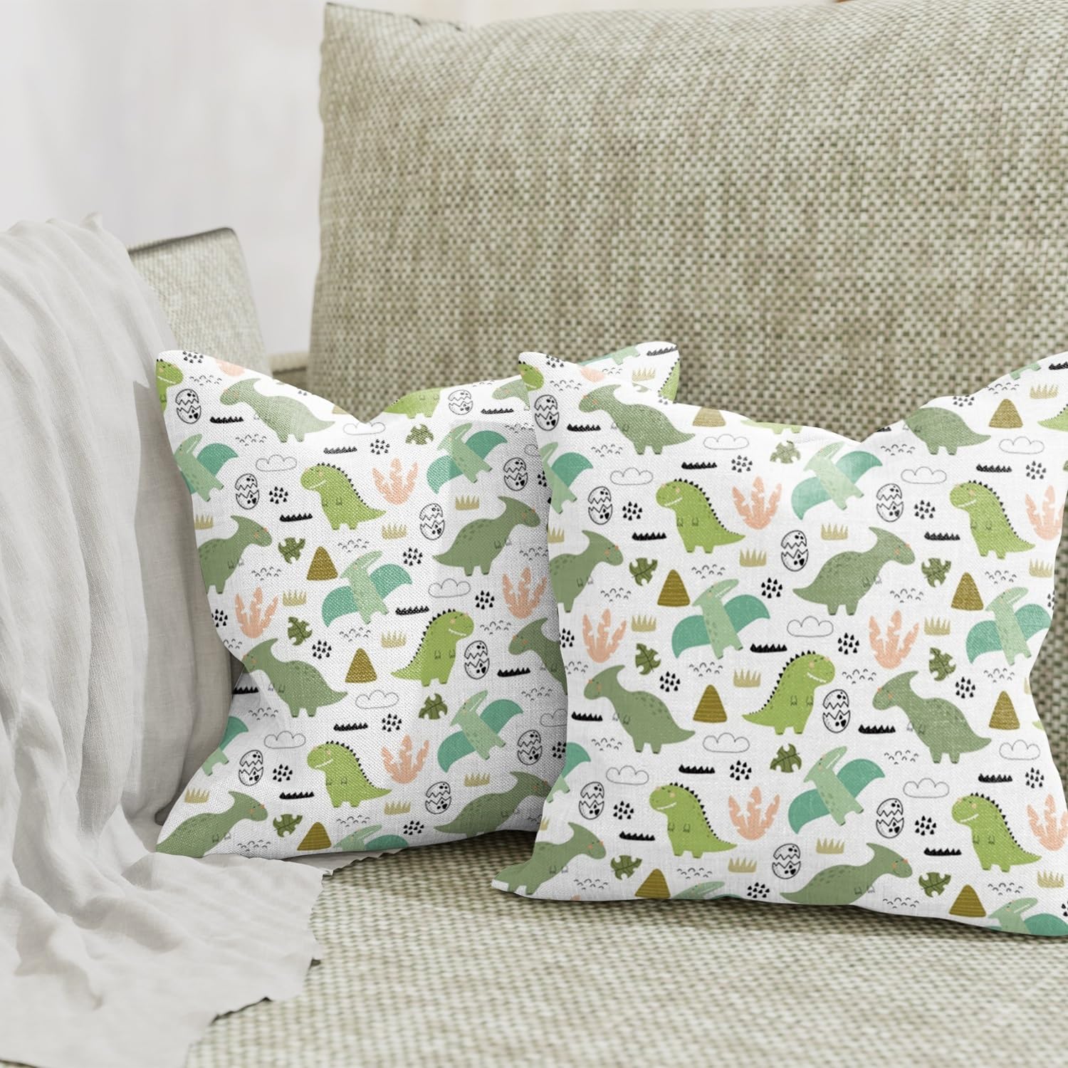 ggaimwf Kids Cushion Covers Dinosaur Green Cartoon Linen Look Square Pillowcases for Children's Room Playroom Nursery Sofa Bed Double Sided Cushion Covers 40x40cm Set of 2 - Image 2
