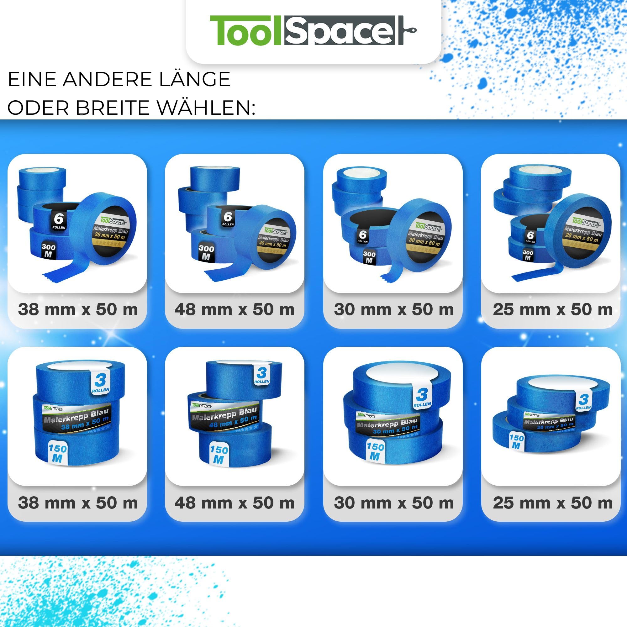 ToolSpace Nastro Carta Blu con Adesivo per Decorazioni - Scotch en Rotoli 38 mm / 50 m per Biancare Mascheratura Precisione - per Pittura Verniciatura Ristrutturare - 6 x 150 m Applicatorecarta