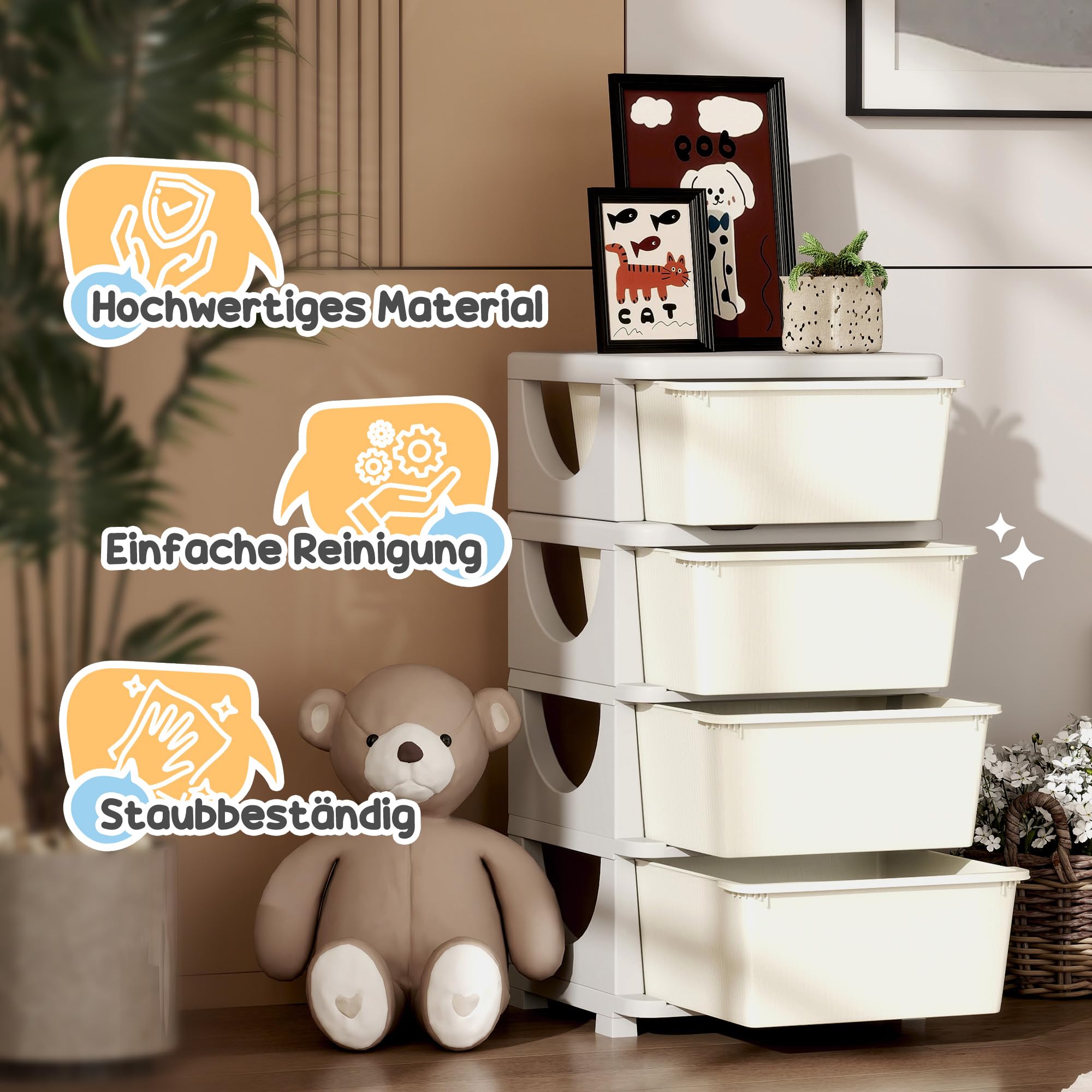 HOMCOM Schubladenschrank für Kinder mit Stauraum Aufbewahrungsboxen Spielzeug-Organizer Spielzeugkiste vier Ebenen für Kinderzimmer 3-6 Jahre Kindermöbel Cremeweiß 37 x 37 x 76 cm