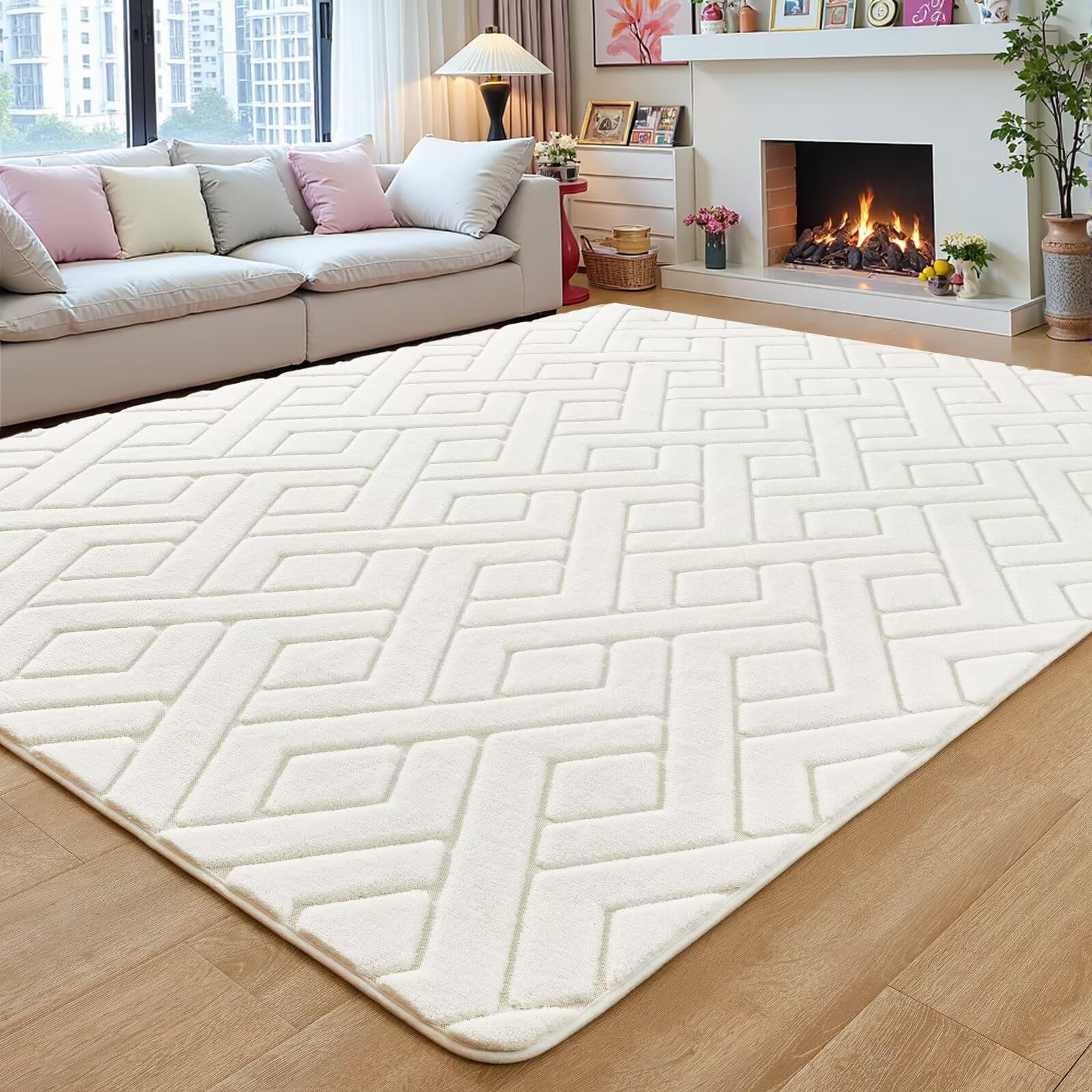 5x7 Cream White Washable Area Rug for Bedroom Living Room, Modern Geometric Shag Non-Slip Rugs, Fluffy Plush Soft Memory Foam Carpet for Kids Girls Room Nursery Decor