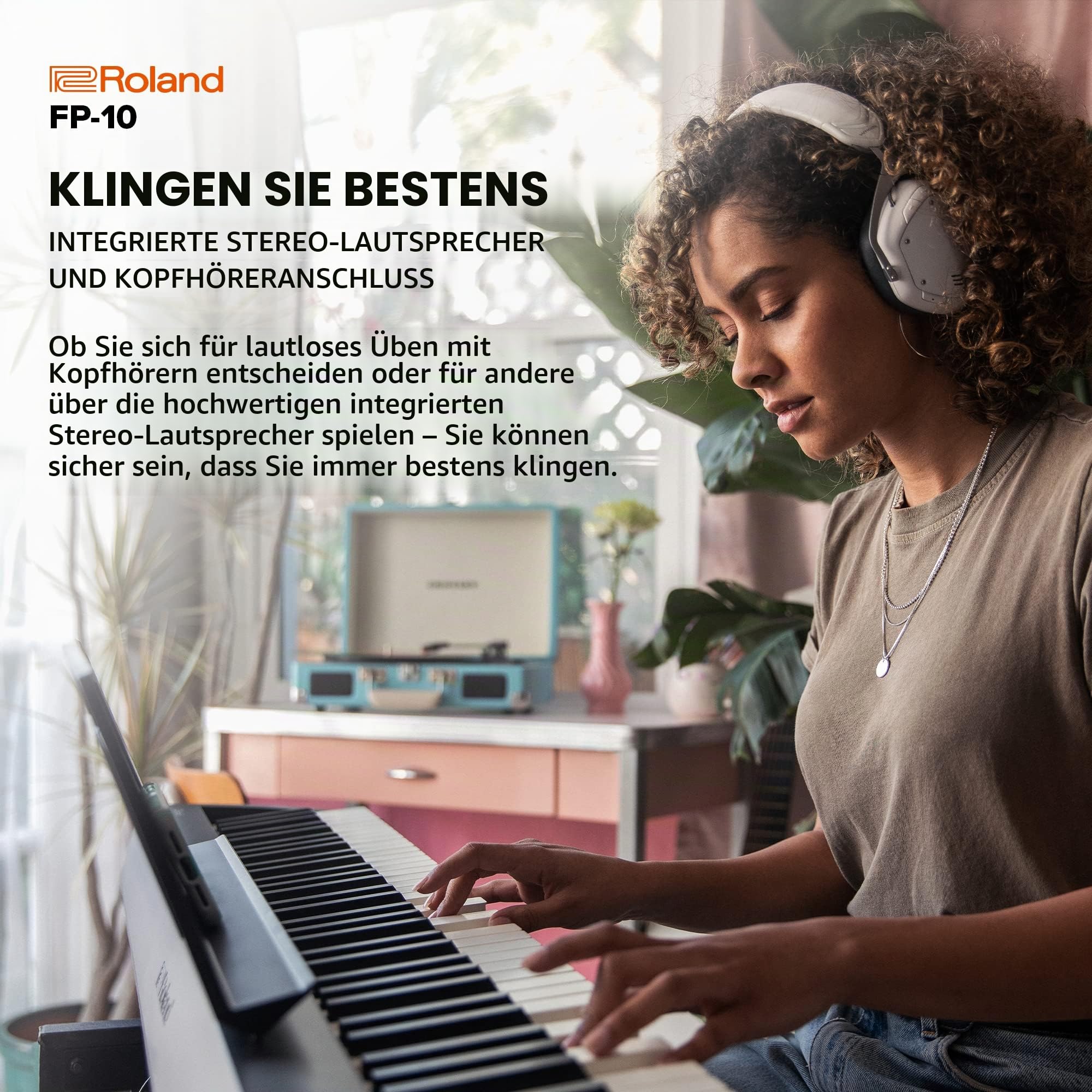 Roland FP-10 Digital Piano - Entfalte deine Kreativität mit integrierten Sounds, Übungsfunktionen und Apps, Schwarz & RH-5 Kopfhörer, Schwarz, 33,8 x 28,5 x 10 cm
