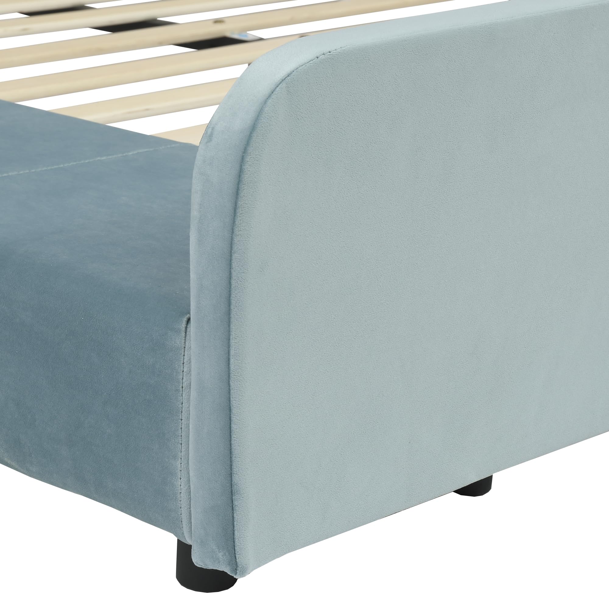 Mrwoo Cama Tapizada 140x200cm, Cama Infantil con Escritorio Infantil y Taburete, Somier de Listones de Madera, Terciopelo, Azul (Colchón no Incluido)