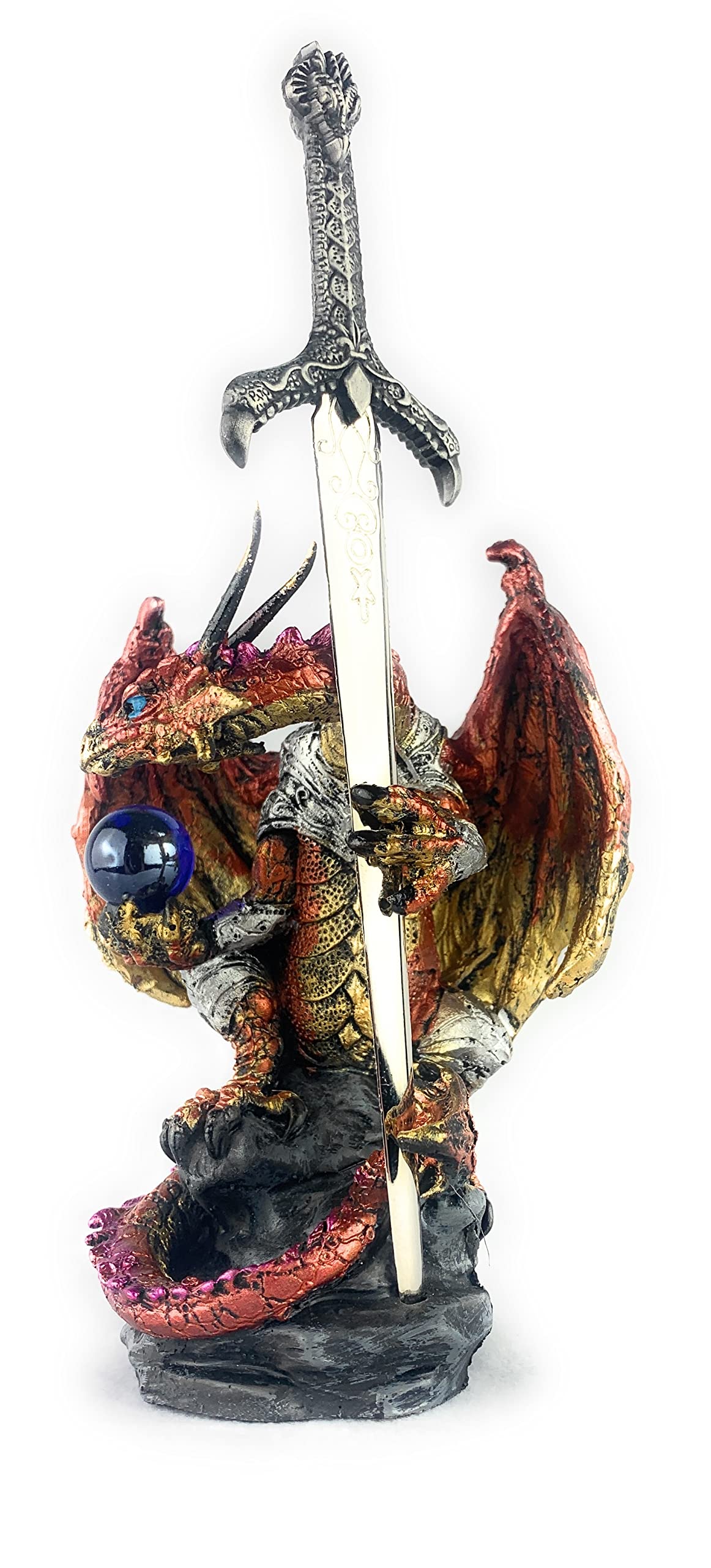 Dragon Statue with Medieval Sword and Crystal Ball - Collectible Dragon Figurine, Red - 4(L) 3.5(W) 7(H) inches