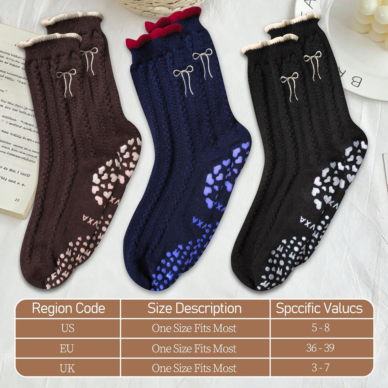 3Pairs Cute Pilates Grip Socks for Women Ruffle Bow Embroidery Warm Non Slip Grip Socks for Yoga, Barre,Barefoot