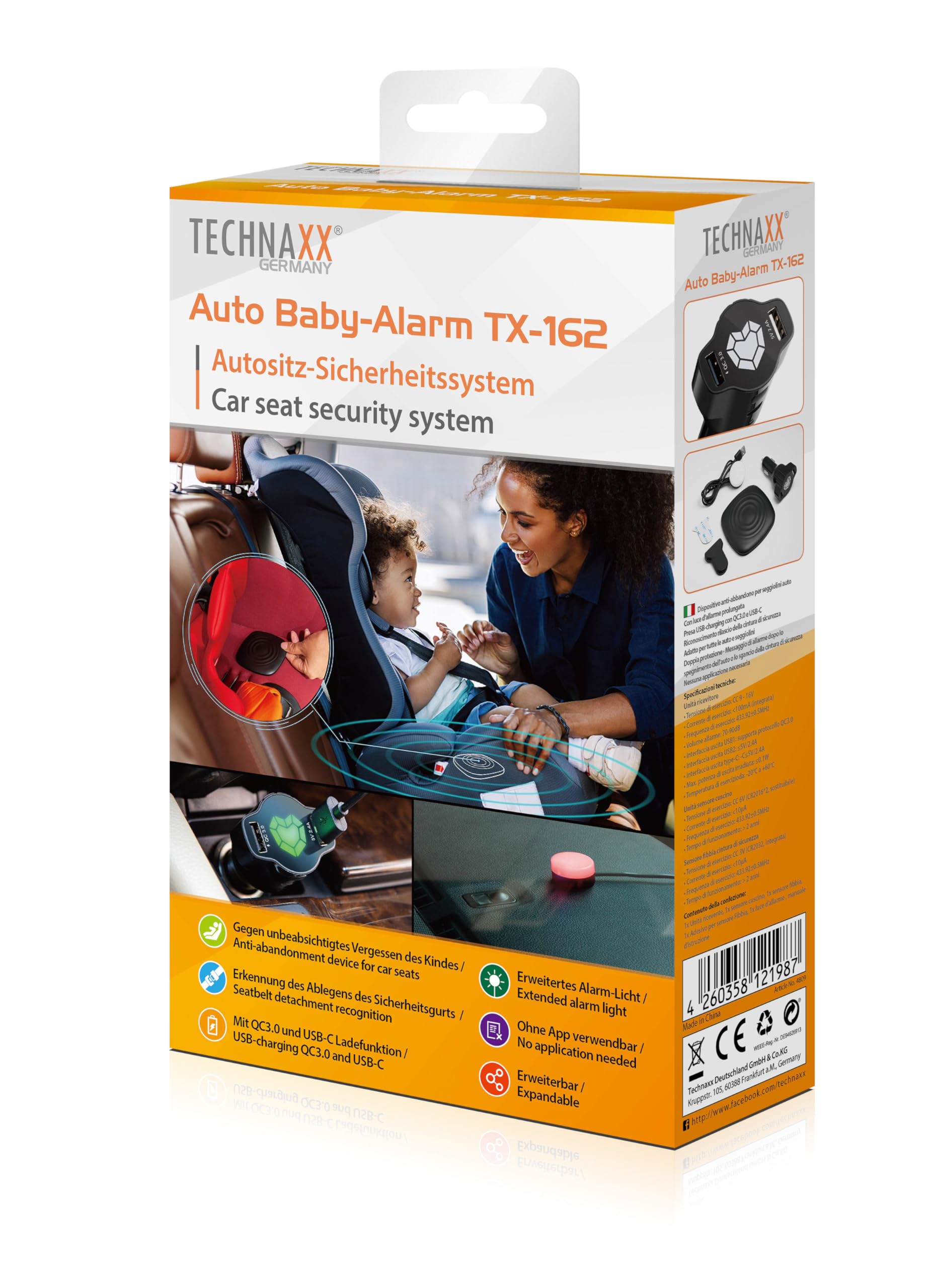 Technaxx Auto Baby-Alarm TX-162 – Sicherheitssystem für Kindersitze mit USB-Ladeanschluss, Alarmlicht, Warnton 90 dB, Anti-Vergessen Funktion, kompatibel mit allen Autos und Babyschalen