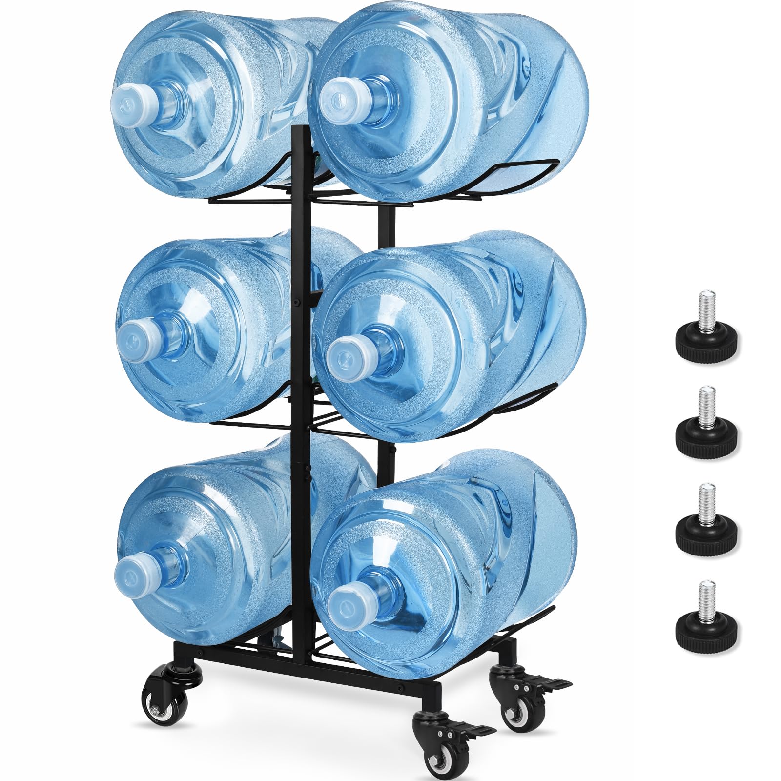 5 Gallon Water Jug Holder with 4 Wheels, Movable Heavy Duty Foldable Water Jug Stand 3-Tier 5 Gallon Water Bottle Holder Water Cooler Jug Storage Rack for 6 Bottles(Black)