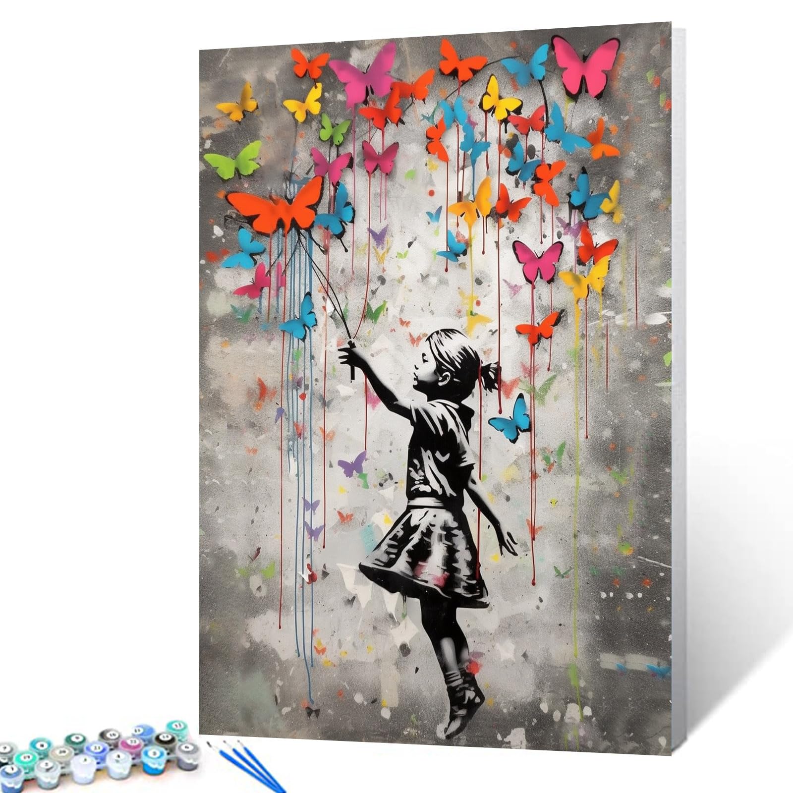 Tucocoo Banksy Little Girl Paint by Numbers Kits with Brushes and Acrylic Pigment on Canvas Painting for Adults, Graffiti Street Art Butterfly Picture for Home Wall Decor Gifts 16''x20'' (DIY Framed)
