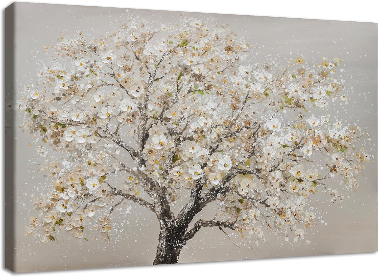 Rumlly White Blossom Full Tree Floral Wall Art, Neutral Grey Background Textured Cherry Bloom Canvas Print(40x60cm/Frameless)