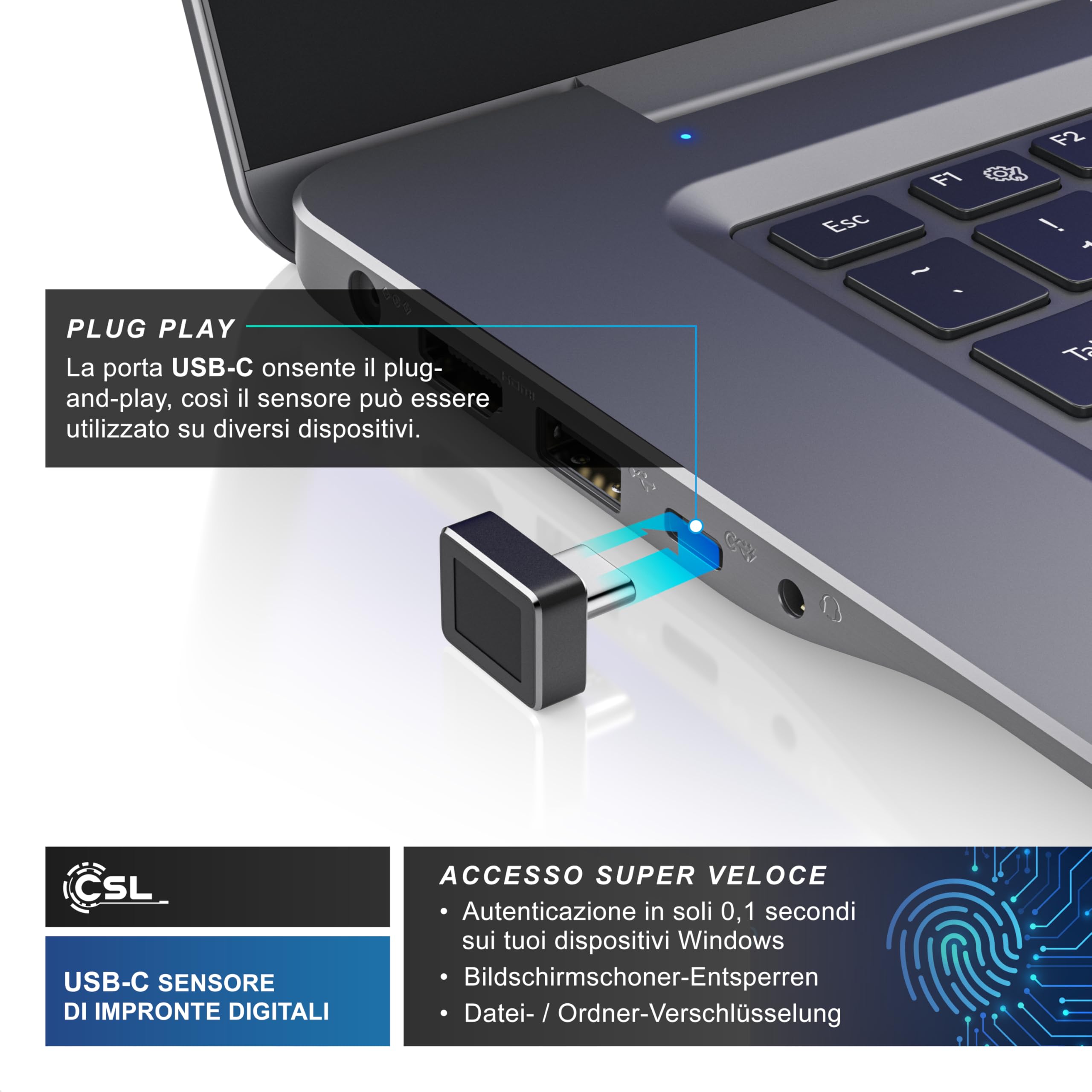 CSL - Chiavetta USB-C con Lettore di Impronte Digitali, Lettore di Impronte digitali USB per Windows10/11, Supporta Fino a 10 ID, Plug & Play, Riconoscimento a 360°, Accesso Biometrico per Laptop