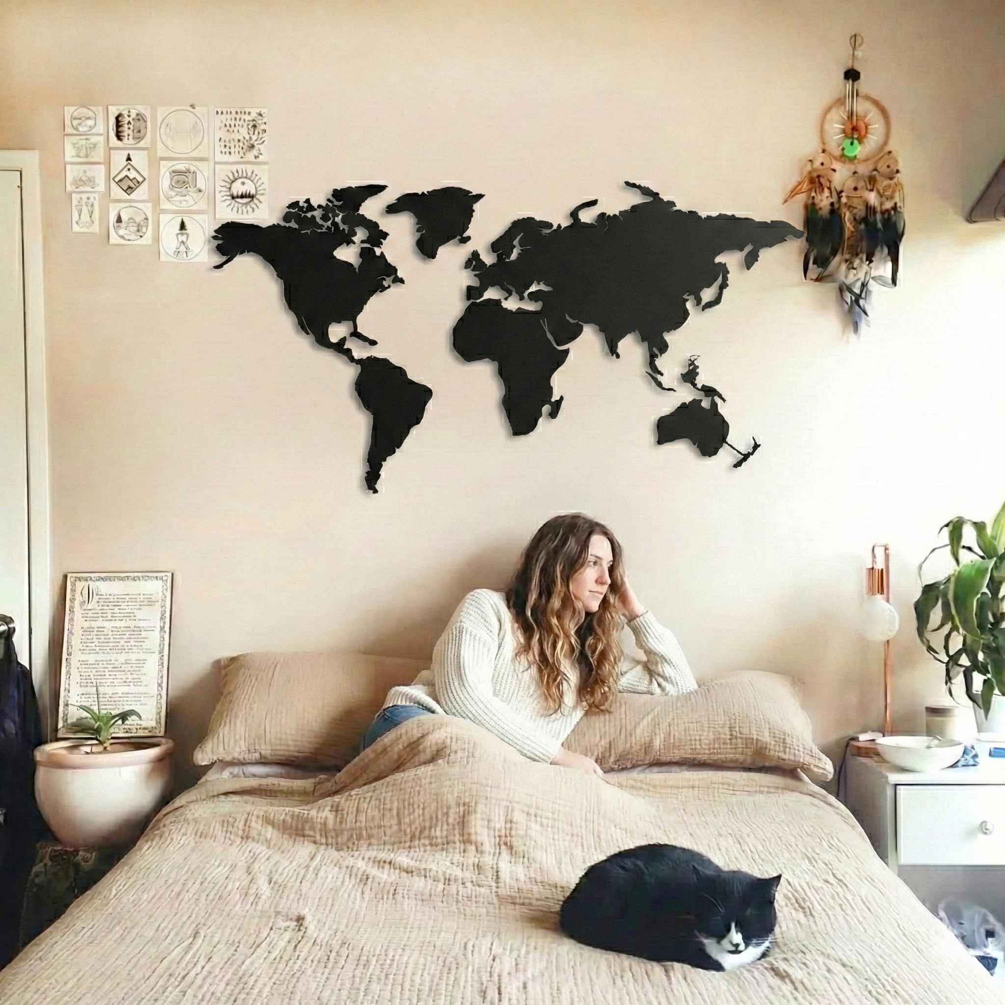 DEKADRON Arte de pared de metal, mapa del mundo de metal, continentes, decoración de pared de metal, decoración de interiores, 4 piezas (101 x 53 cm)