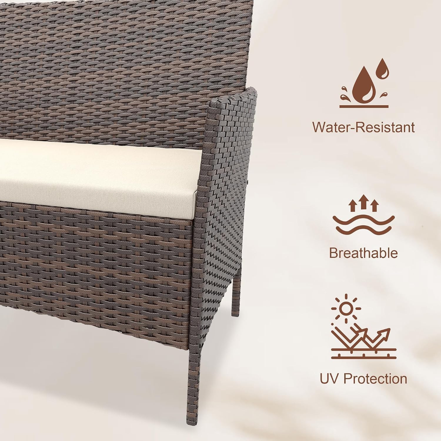GarveeLife 4-Piece Patio Furniture Set, Rattan Outdoor Furniture with Upholstered Sofa, 2 Chairs & Coffee Table, Modern Conversation Bistro Set for Garden Backyard Porch (Gradient Brown and Beige)