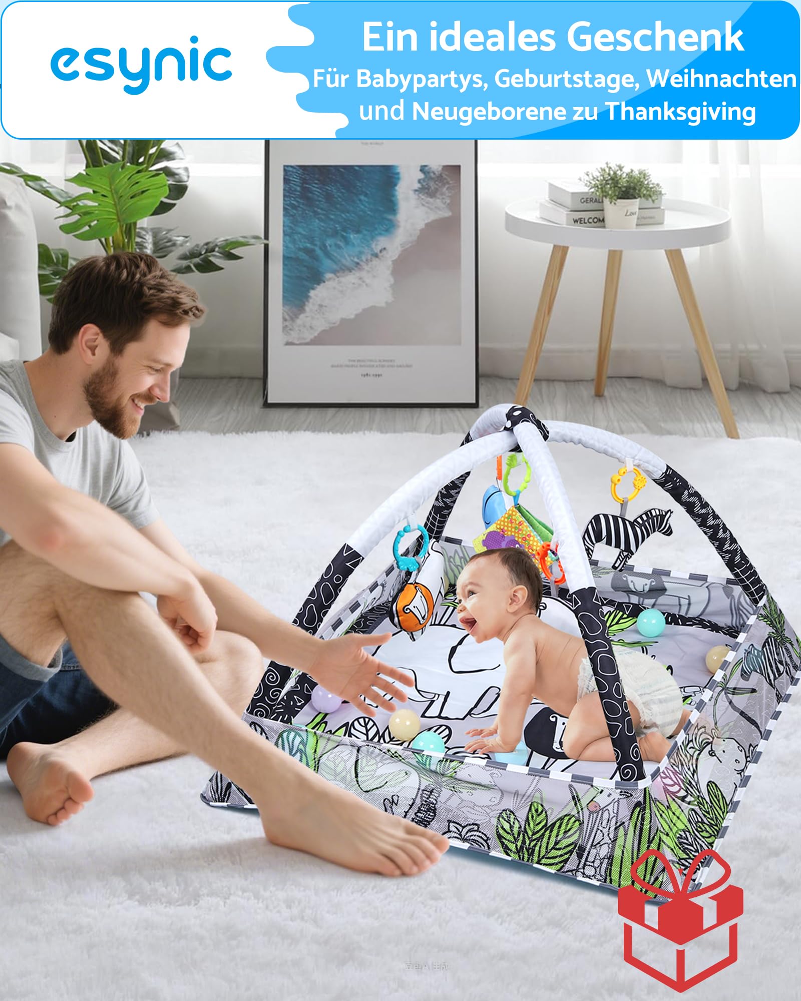 eSynic Baby Gym Spielmatte Spielbogen 7 in 1 Kickin' Tunes Spieldecke Krabbeldecke mit 5 Abnehmbaren Spielzeugen Montessori für Babys von 0-18 Monaten Schwarz-Weiß Kontrast 18 Spielbälle